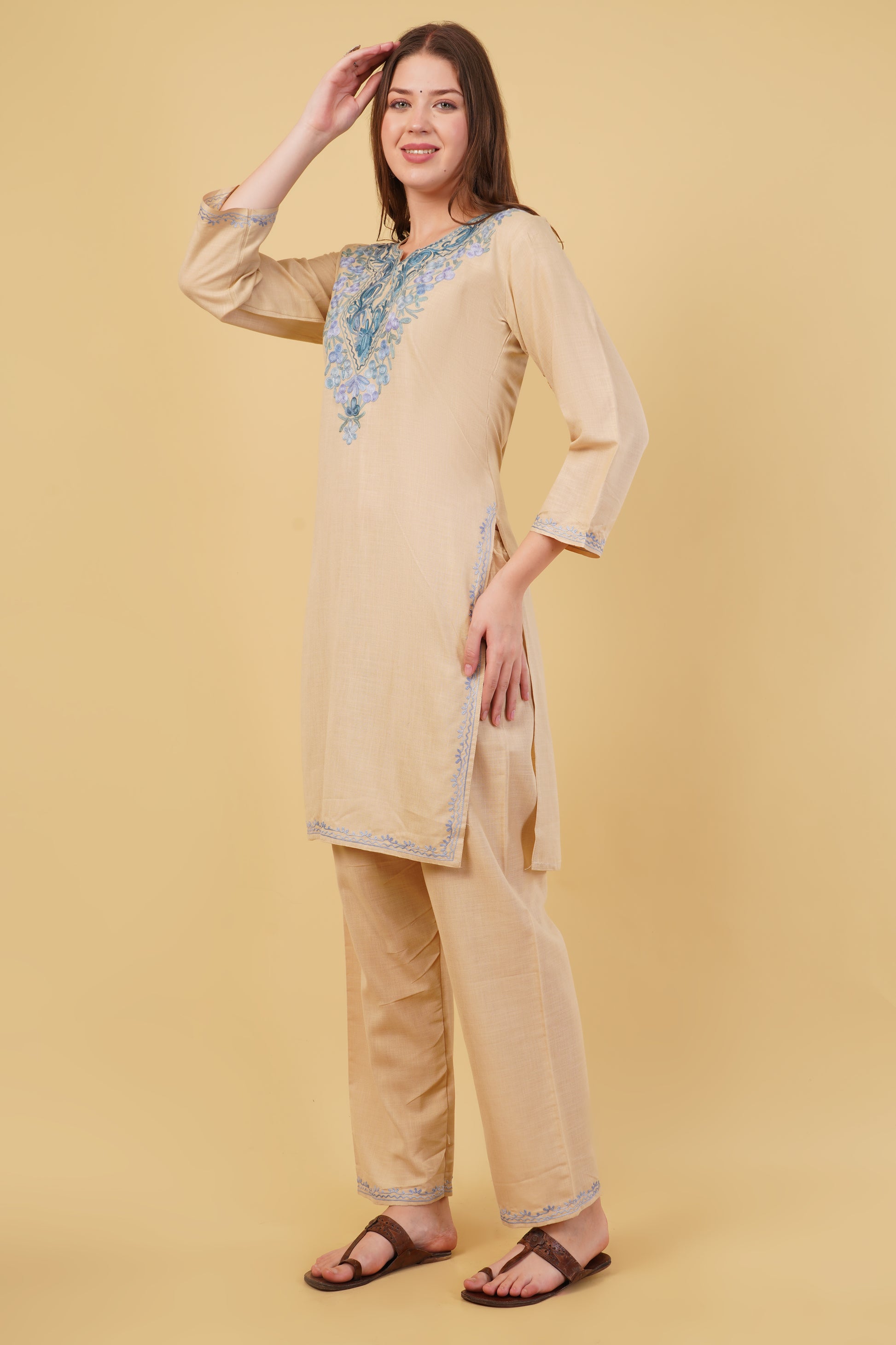 Kashmiri Aari embroidery Cotton Co-ord set Size-40 (Beige)