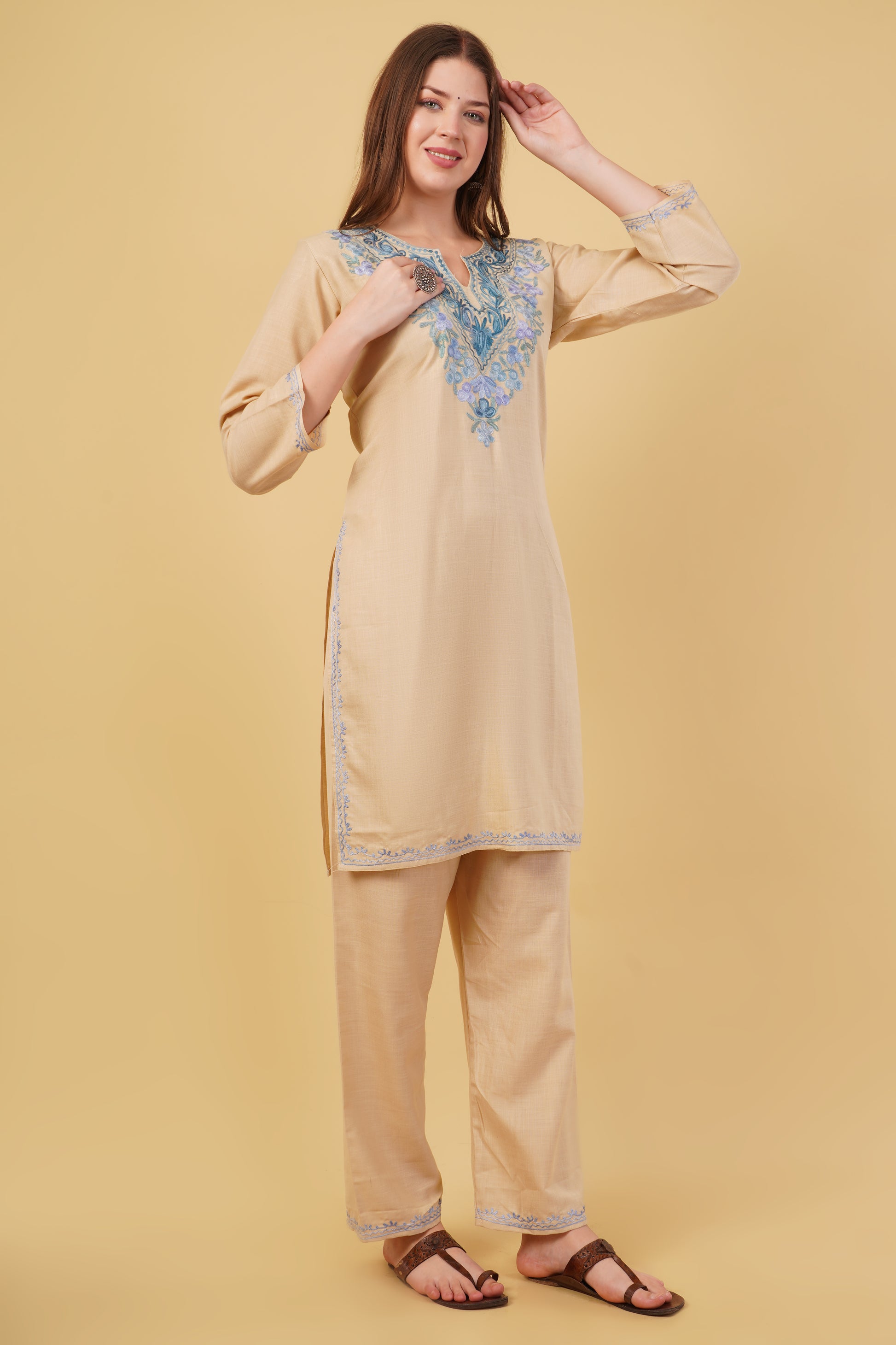 Kashmiri Aari embroidery Cotton Co-ord set Size-40 (Beige)