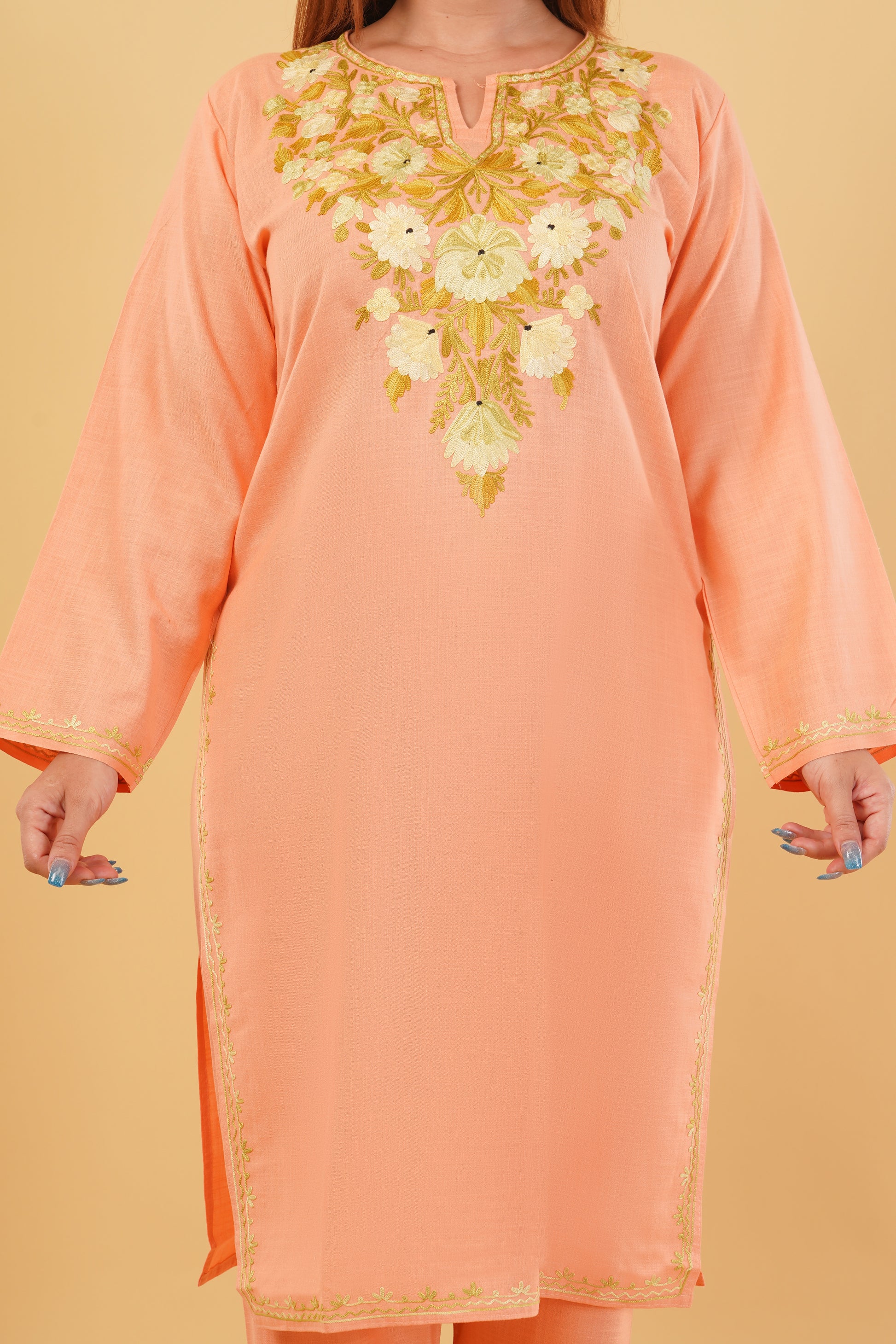 Kashmiri Aari embroidery Cotton Co-ord set Size-42(Peach)