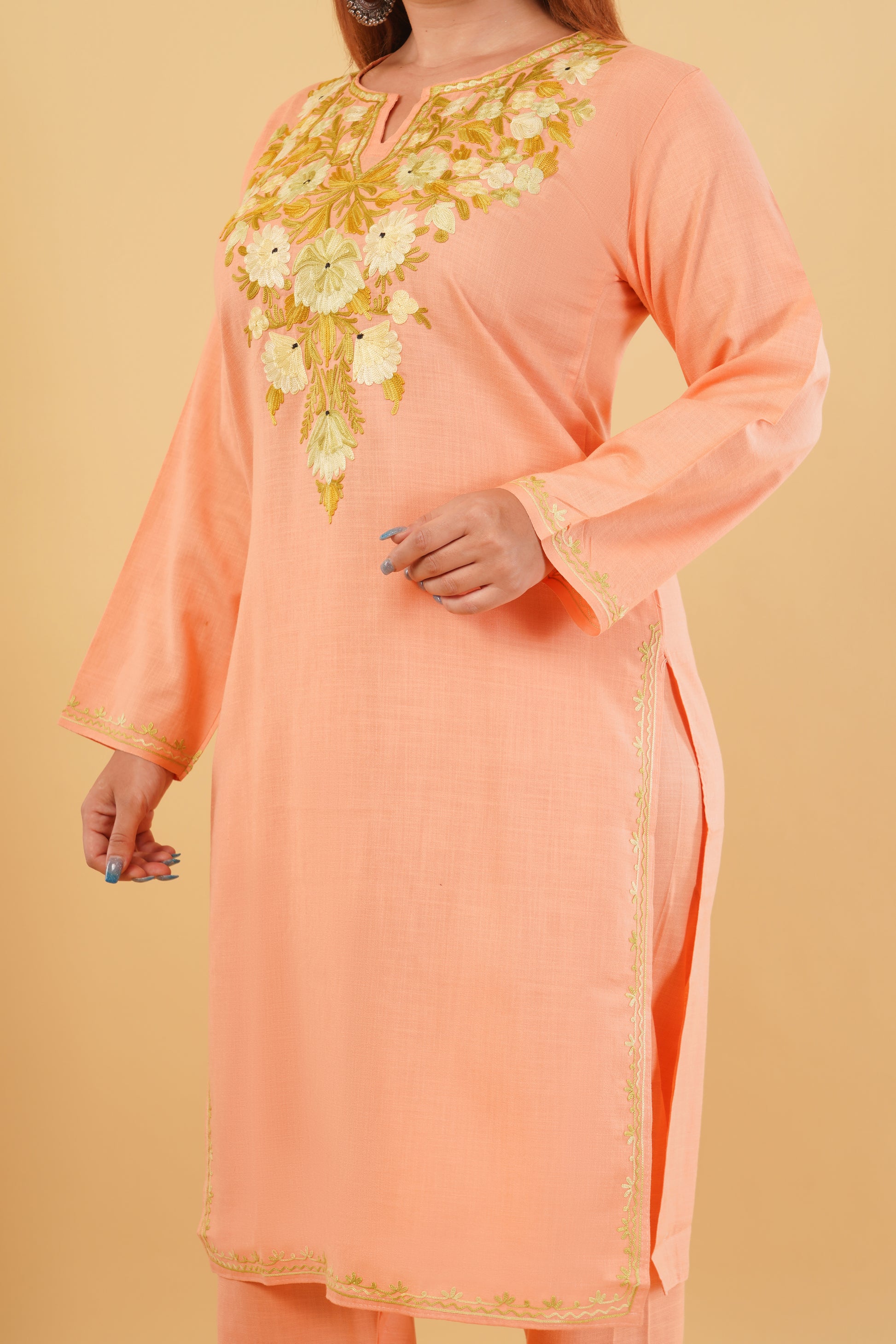 Kashmiri Aari embroidery Cotton Co-ord set Size-42(Peach)