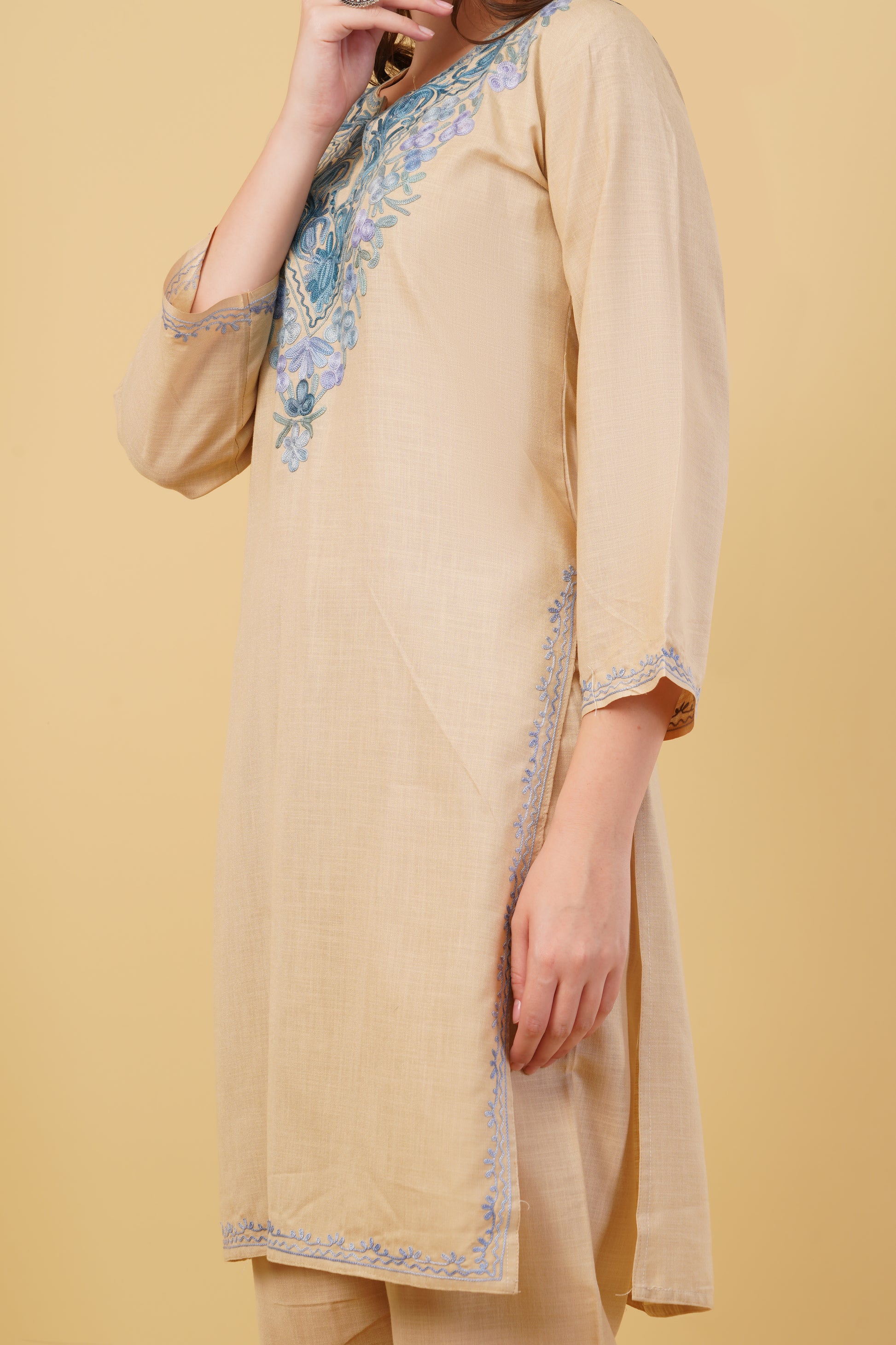 Kashmiri Aari embroidery Cotton Co-ord set Size-40 (Beige)