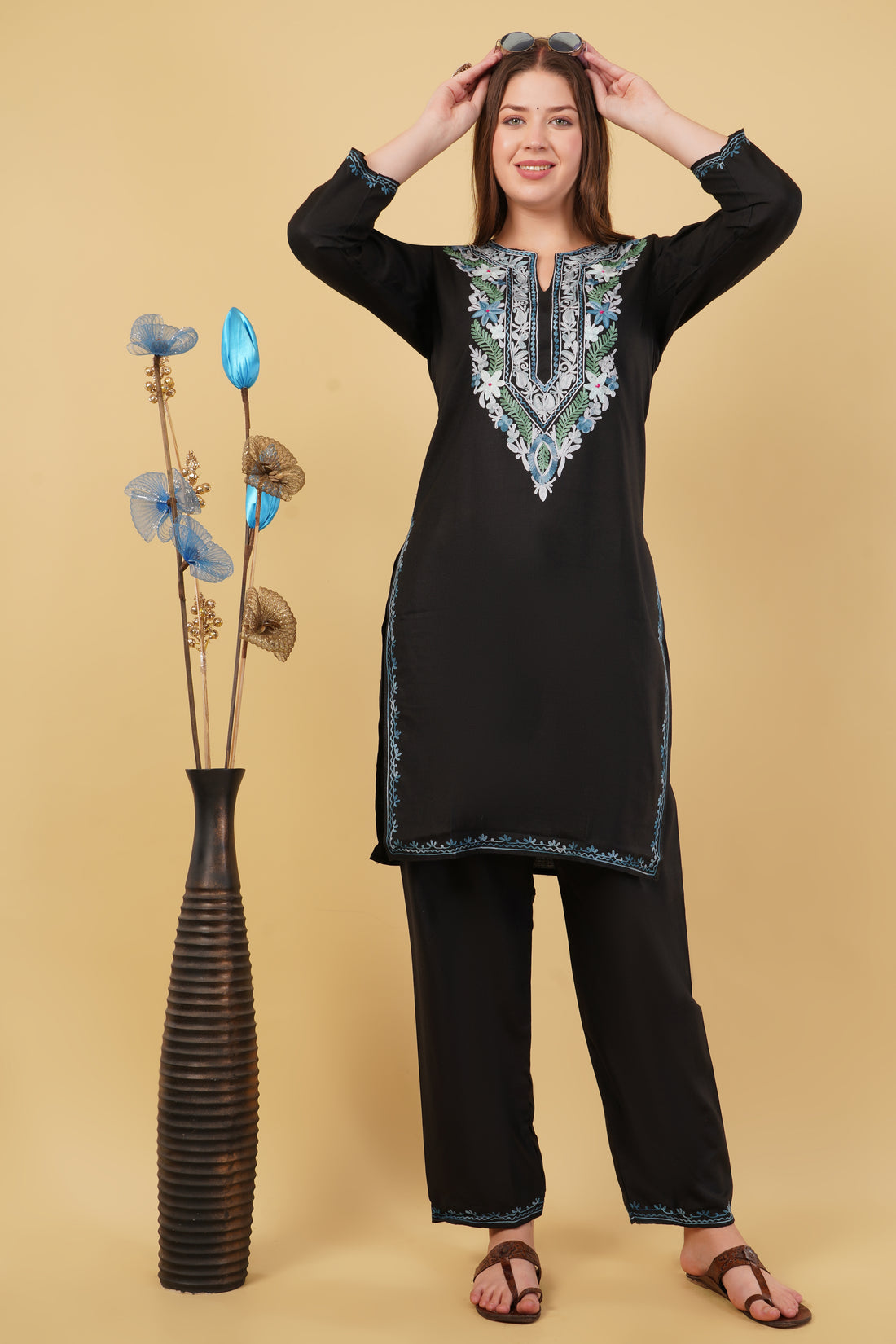 Kashmiri Aari embroidery Cotton Co-ord set Size-40 (Black)