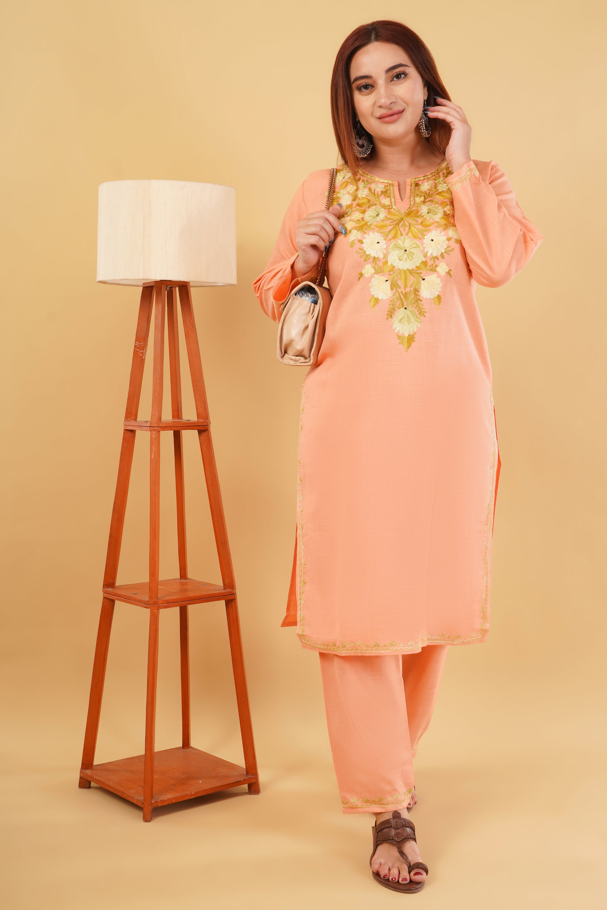 Kashmiri Aari embroidery Cotton Co-ord set Size-42(Peach)
