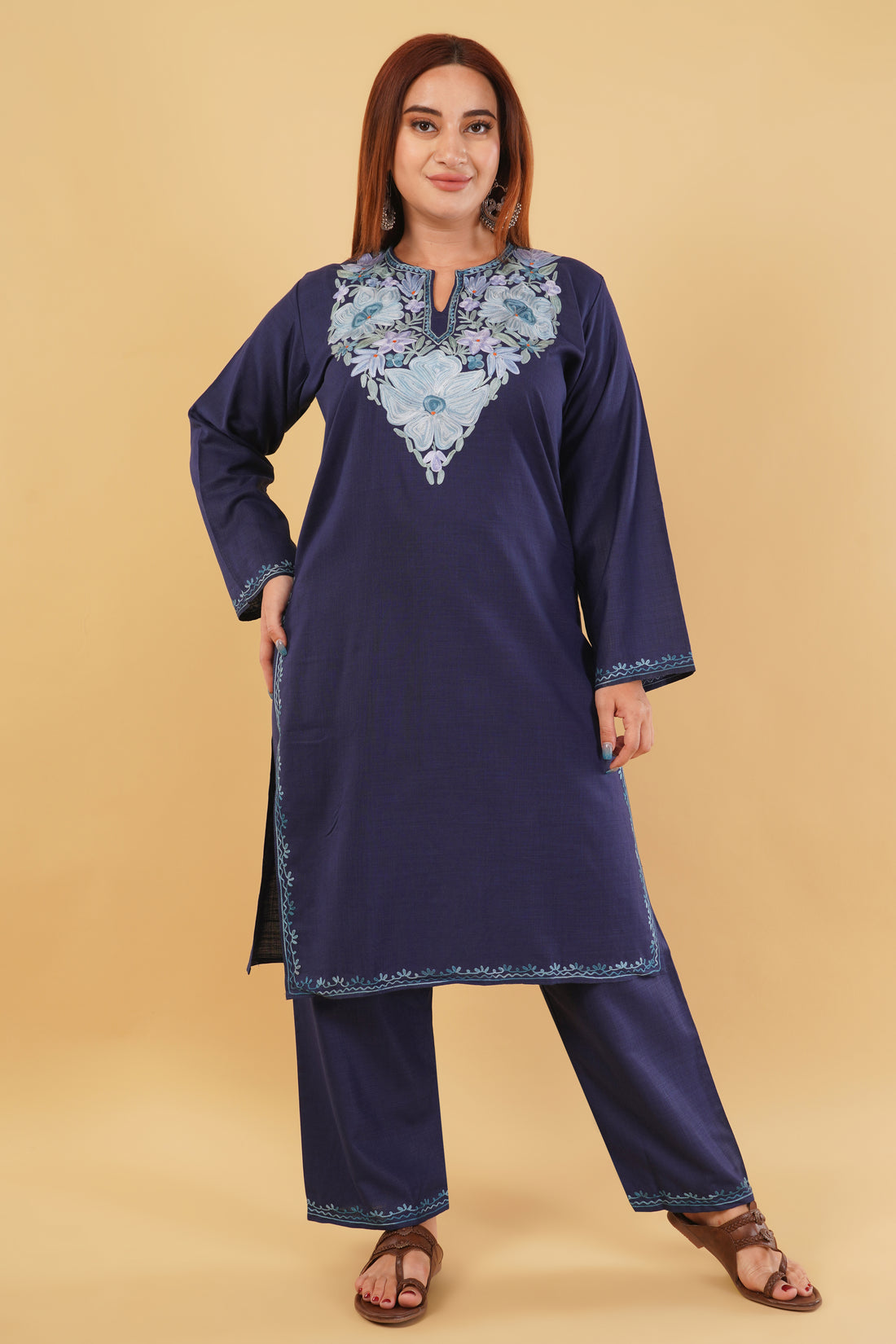 Kashmiri Aari embroidery Cotton Co-ord set Size-44 (Navy Blue)