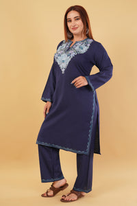 Kashmiri Aari embroidery Cotton Co-ord set Size-44 (Navy Blue)