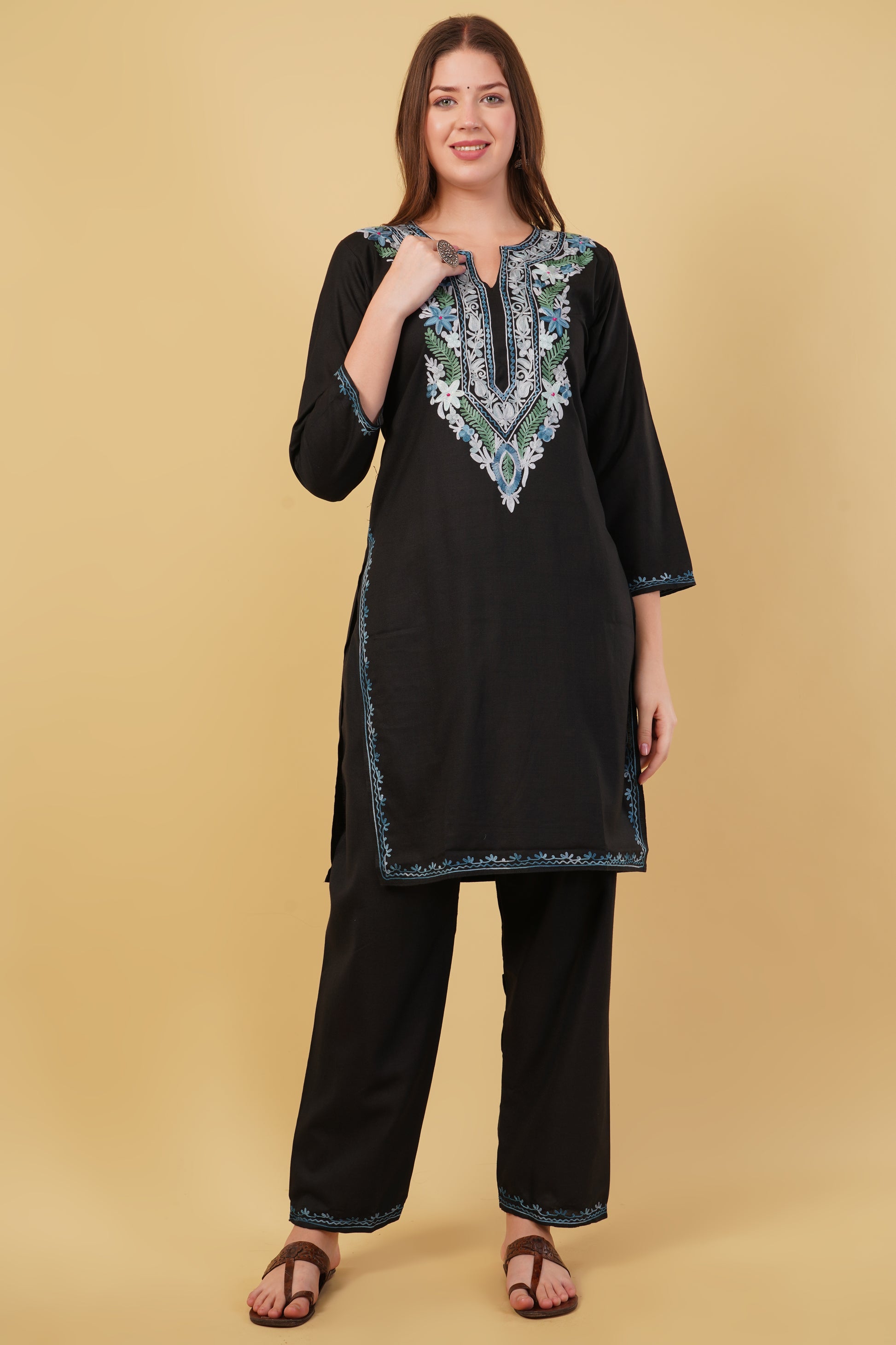 Kashmiri Aari embroidery Cotton Co-ord set Size-40 (Black)