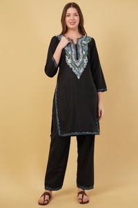 Kashmiri Aari embroidery Cotton Co-ord set Size-40 (Black)