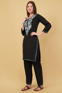Kashmiri Aari embroidery Cotton Co-ord set Size-40 (Black)