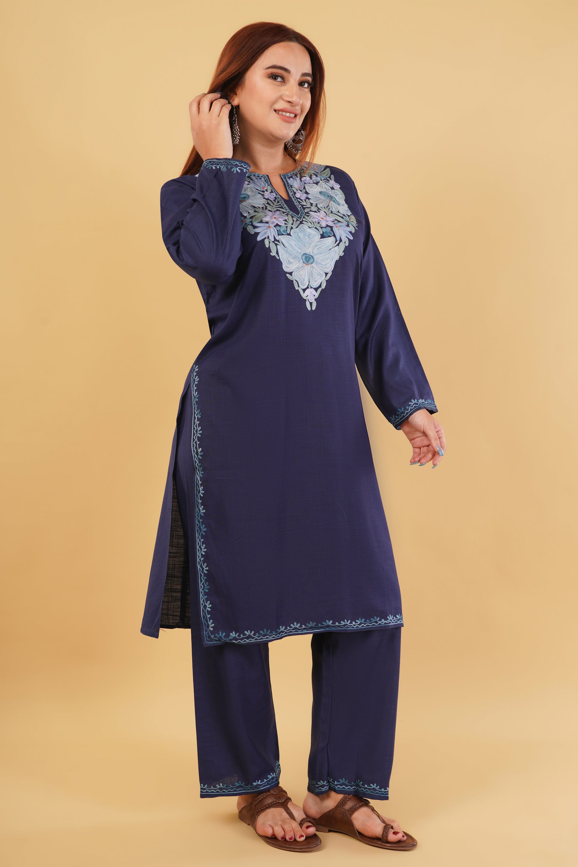 Kashmiri Aari embroidery Cotton Co-ord set Size-44 (Navy Blue)