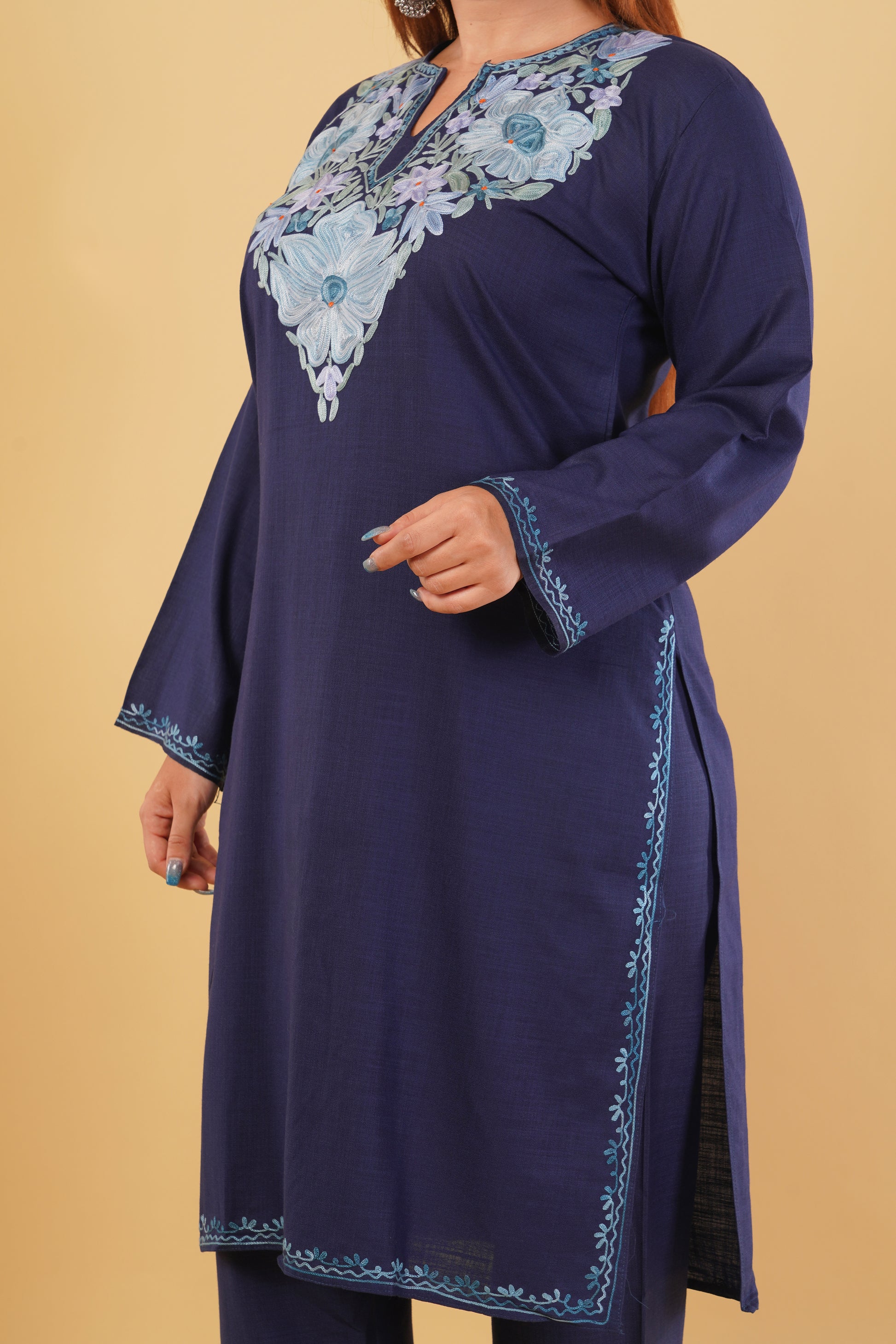 Kashmiri Aari embroidery Cotton Co-ord set Size-44 (Navy Blue)