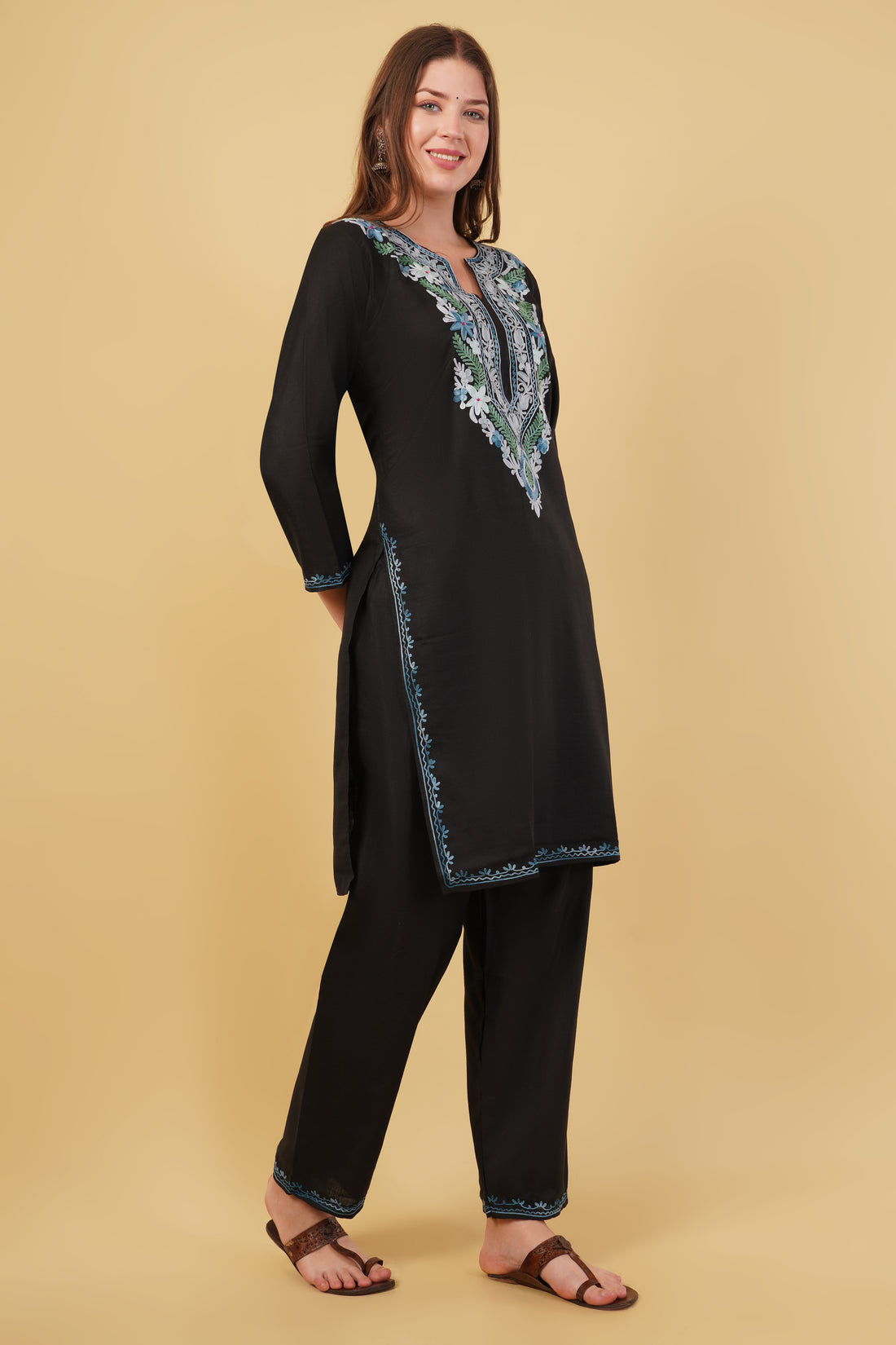 Kashmiri Aari embroidery Cotton Co-ord set Size-40 (Black)