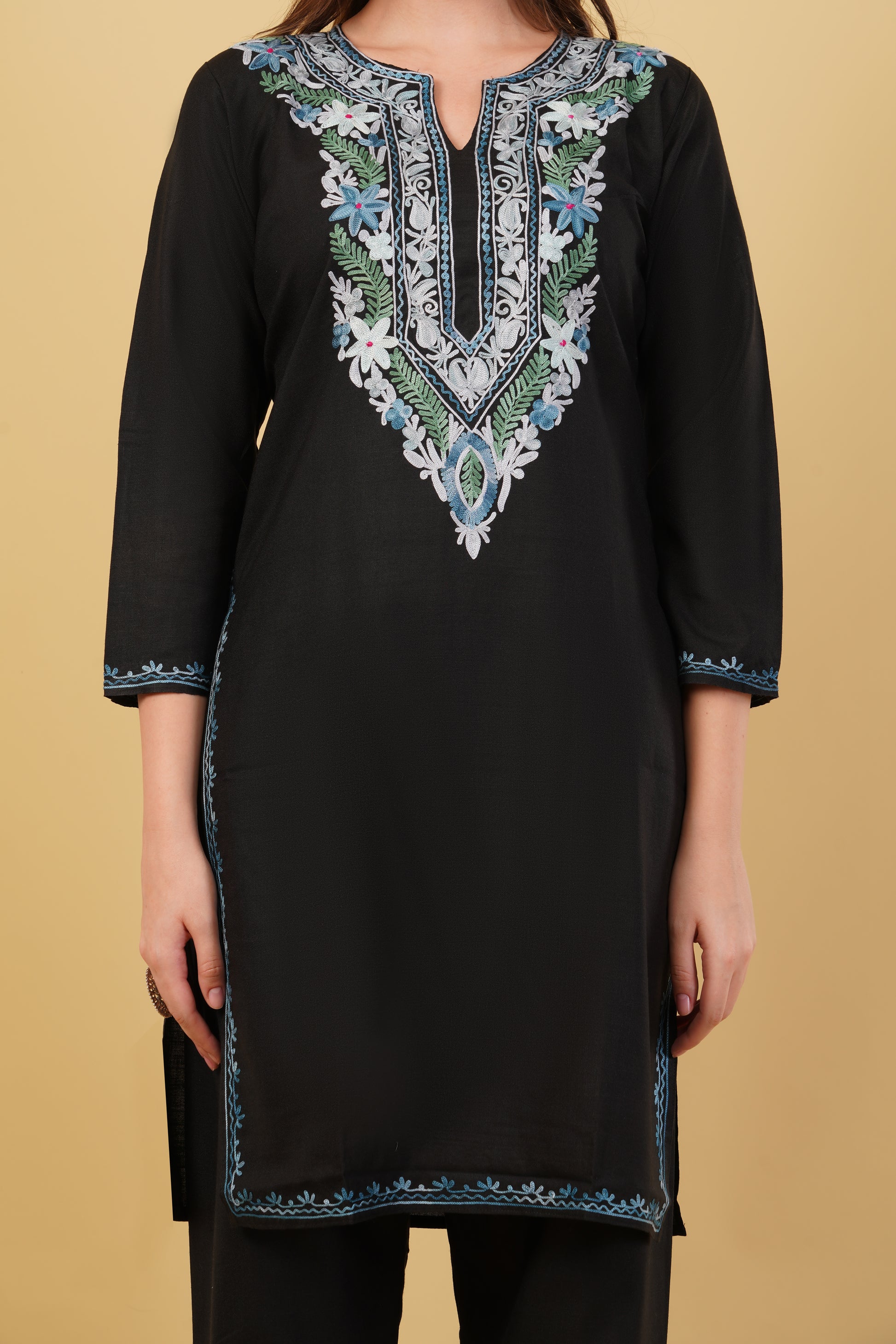 Kashmiri Aari embroidery Cotton Co-ord set Size-40 (Black)