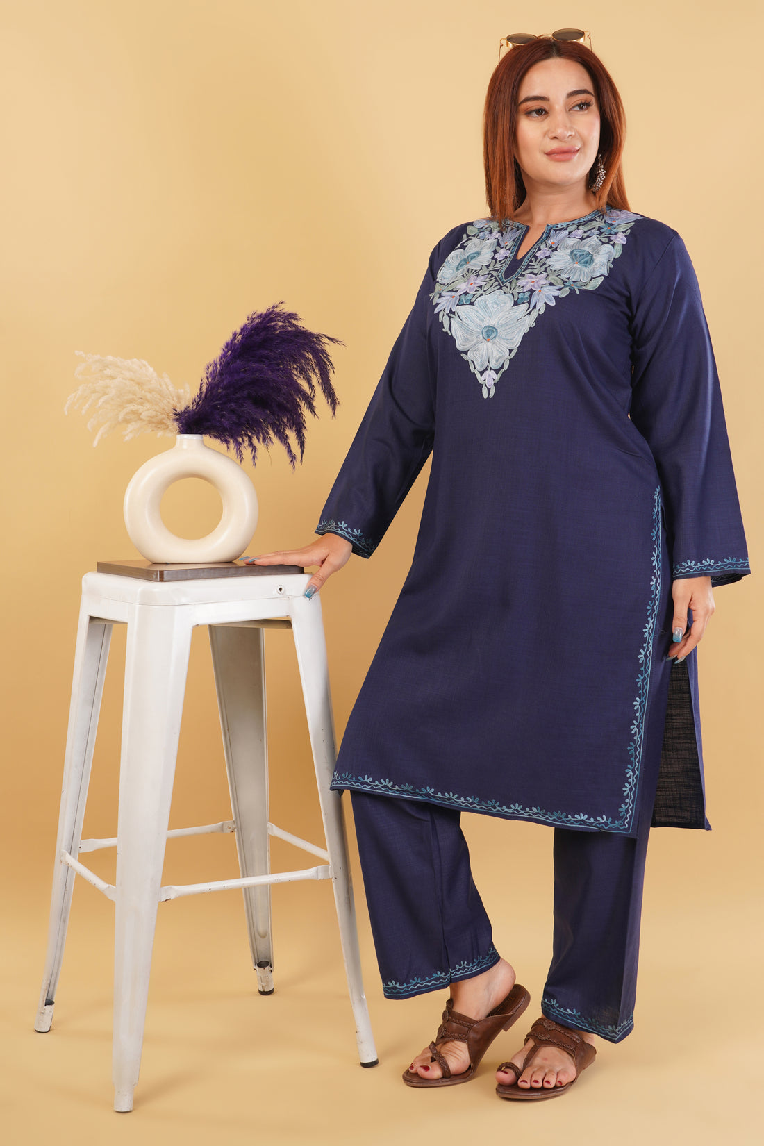Kashmiri Aari embroidery Cotton Co-ord set Size-44 (Navy Blue)