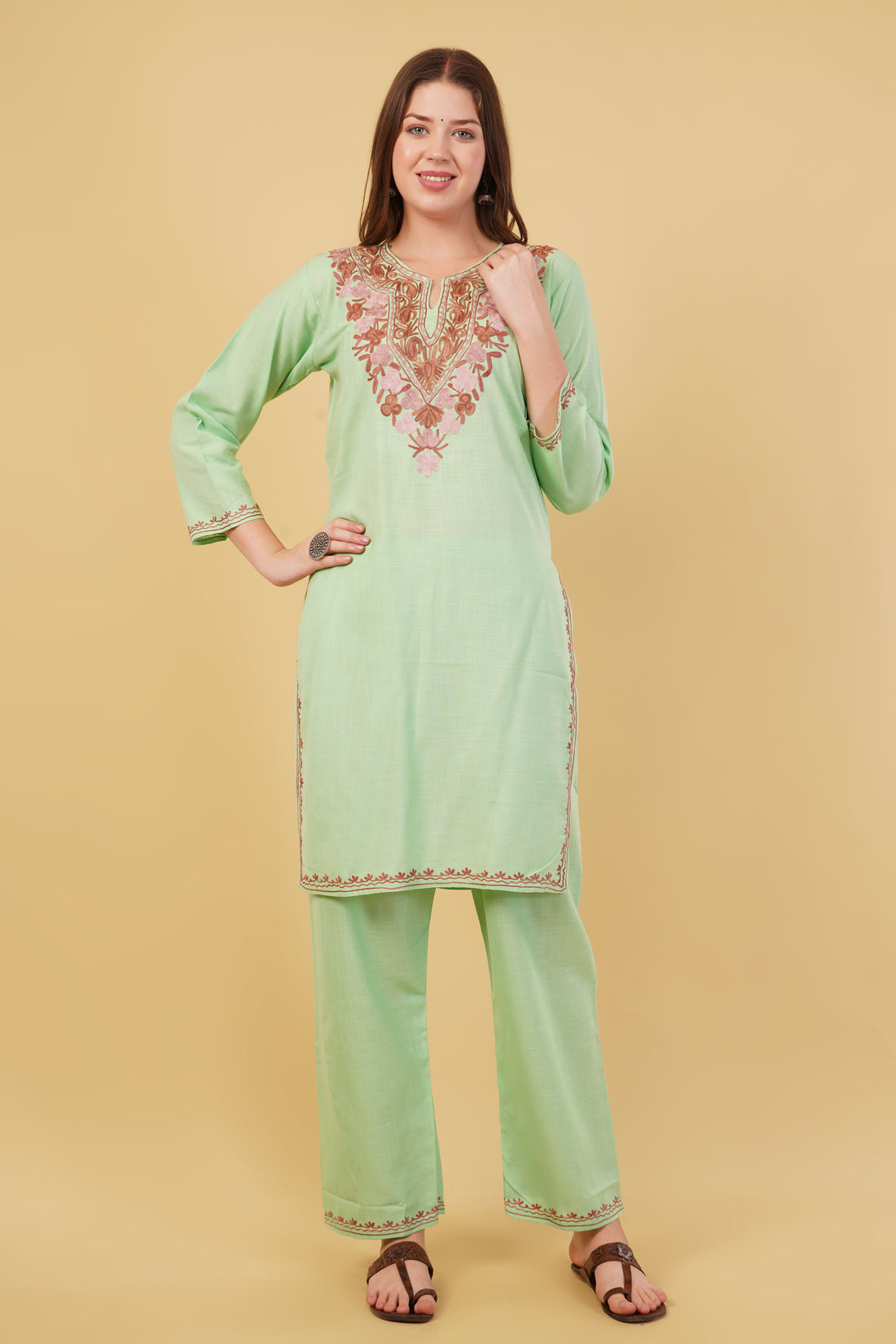 Kashmiri Aari embroidery Cotton Co-ord set Size-40 (Green)