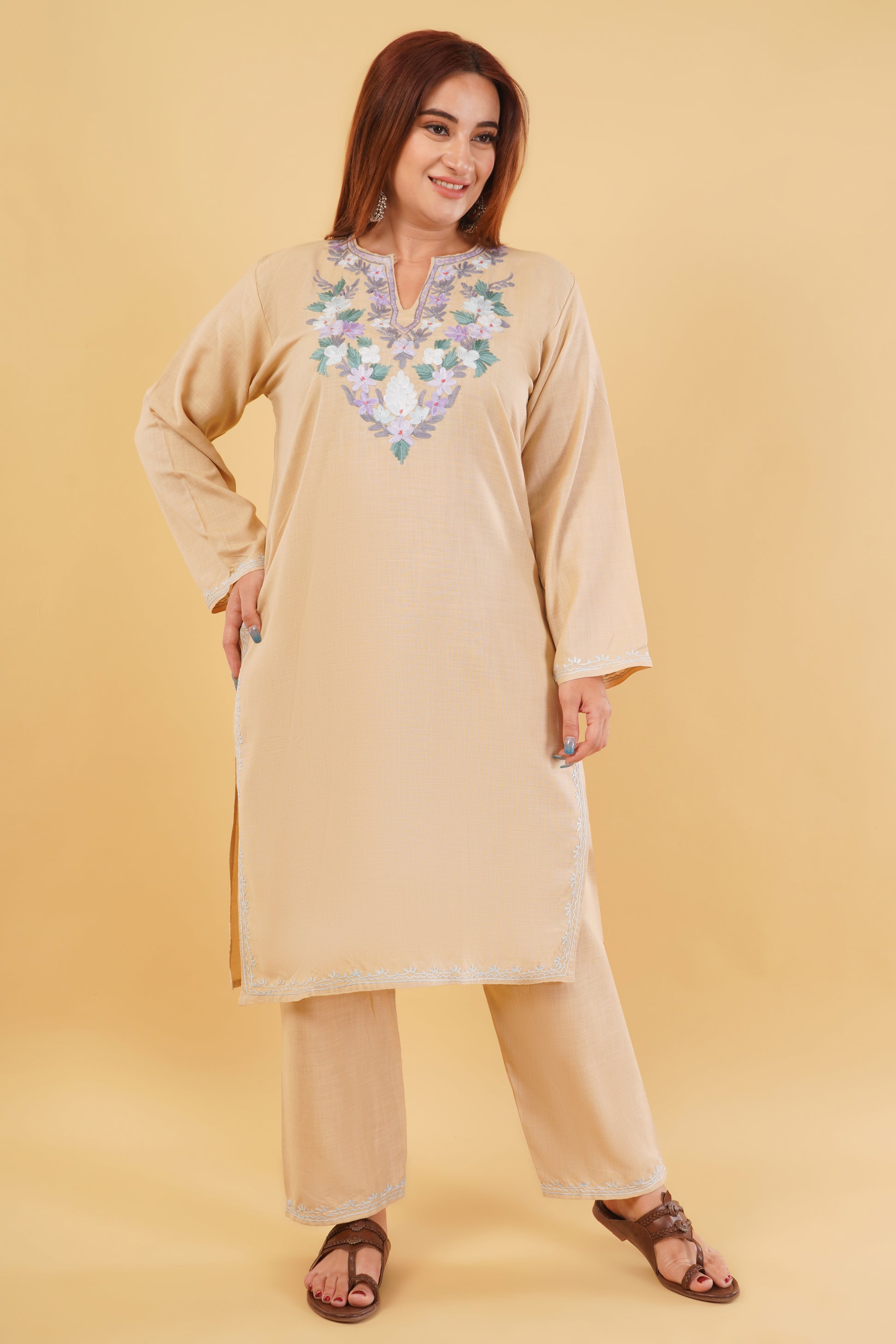 Kashmiri Aari embroidery Cotton Co-ord set Size-44 (Beige)
