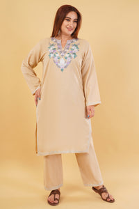 Kashmiri Aari embroidery Cotton Co-ord set Size-44 (Beige)