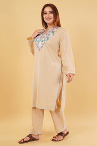 Kashmiri Aari embroidery Cotton Co-ord set Size-44 (Beige)