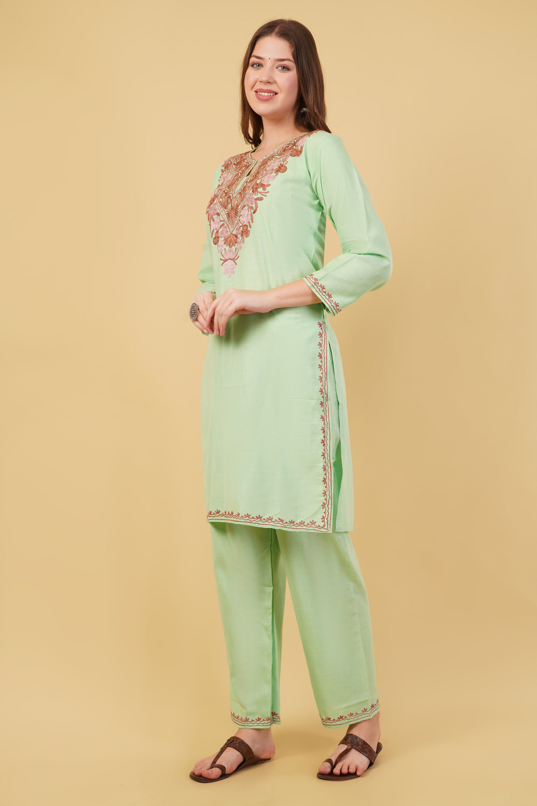 Kashmiri Aari embroidery Cotton Co-ord set Size-40 (Green)