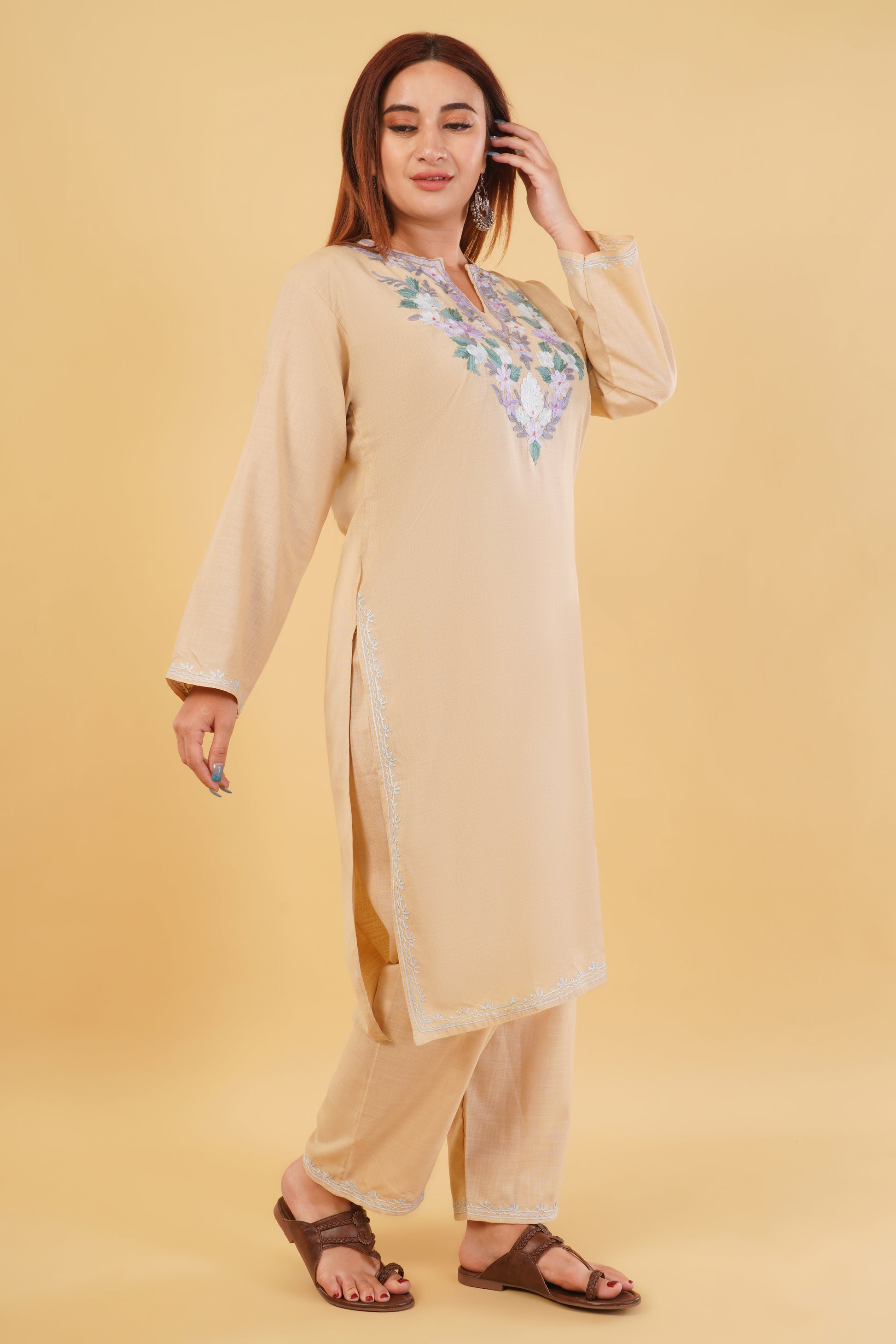 Kashmiri Aari embroidery Cotton Co-ord set Size-44 (Beige)
