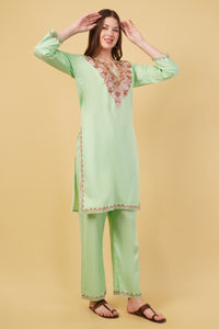 Kashmiri Aari embroidery Cotton Co-ord set Size-40 (Green)