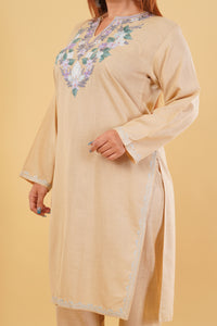 Kashmiri Aari embroidery Cotton Co-ord set Size-44 (Beige)