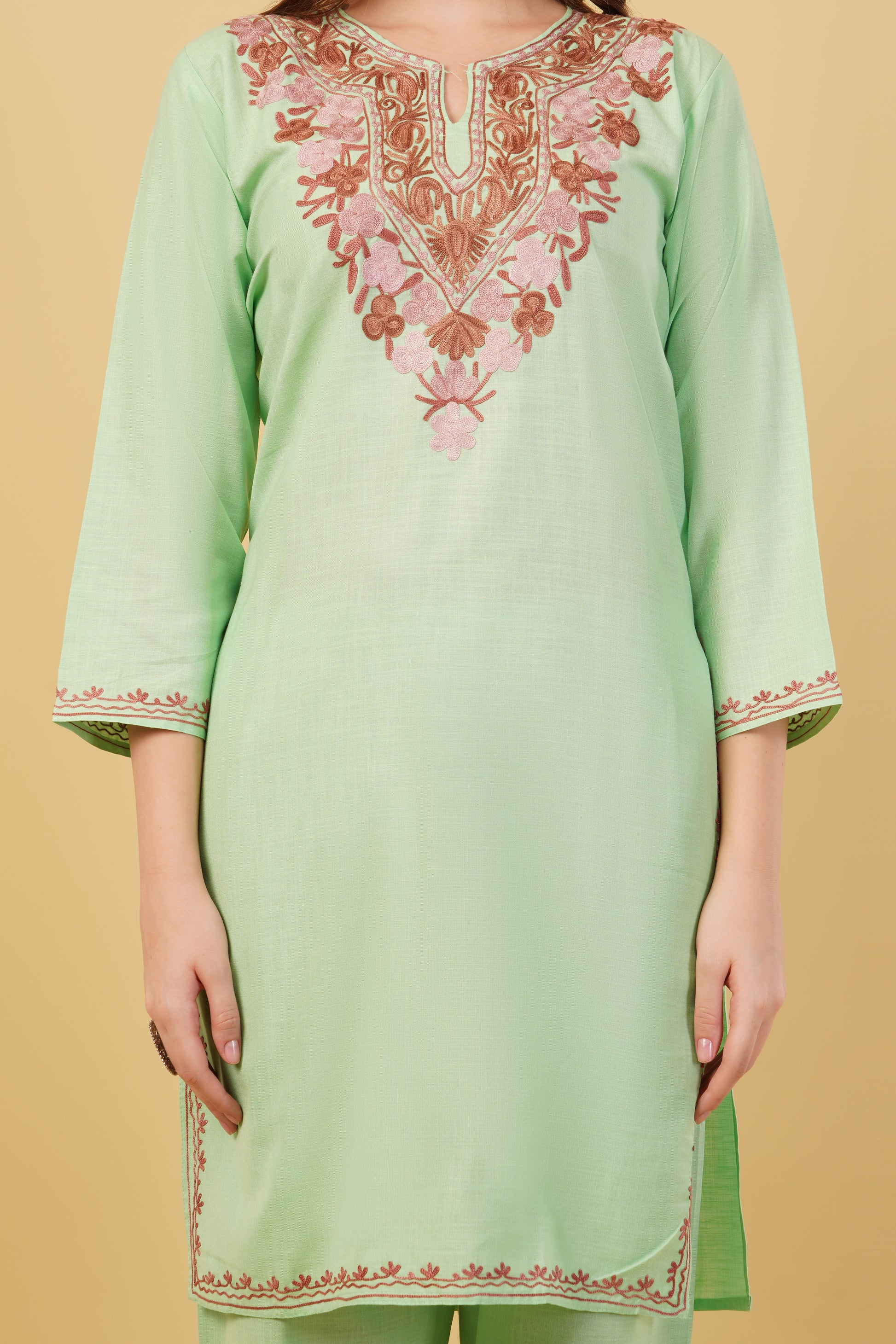 Kashmiri Aari embroidery Cotton Co-ord set Size-40 (Green)