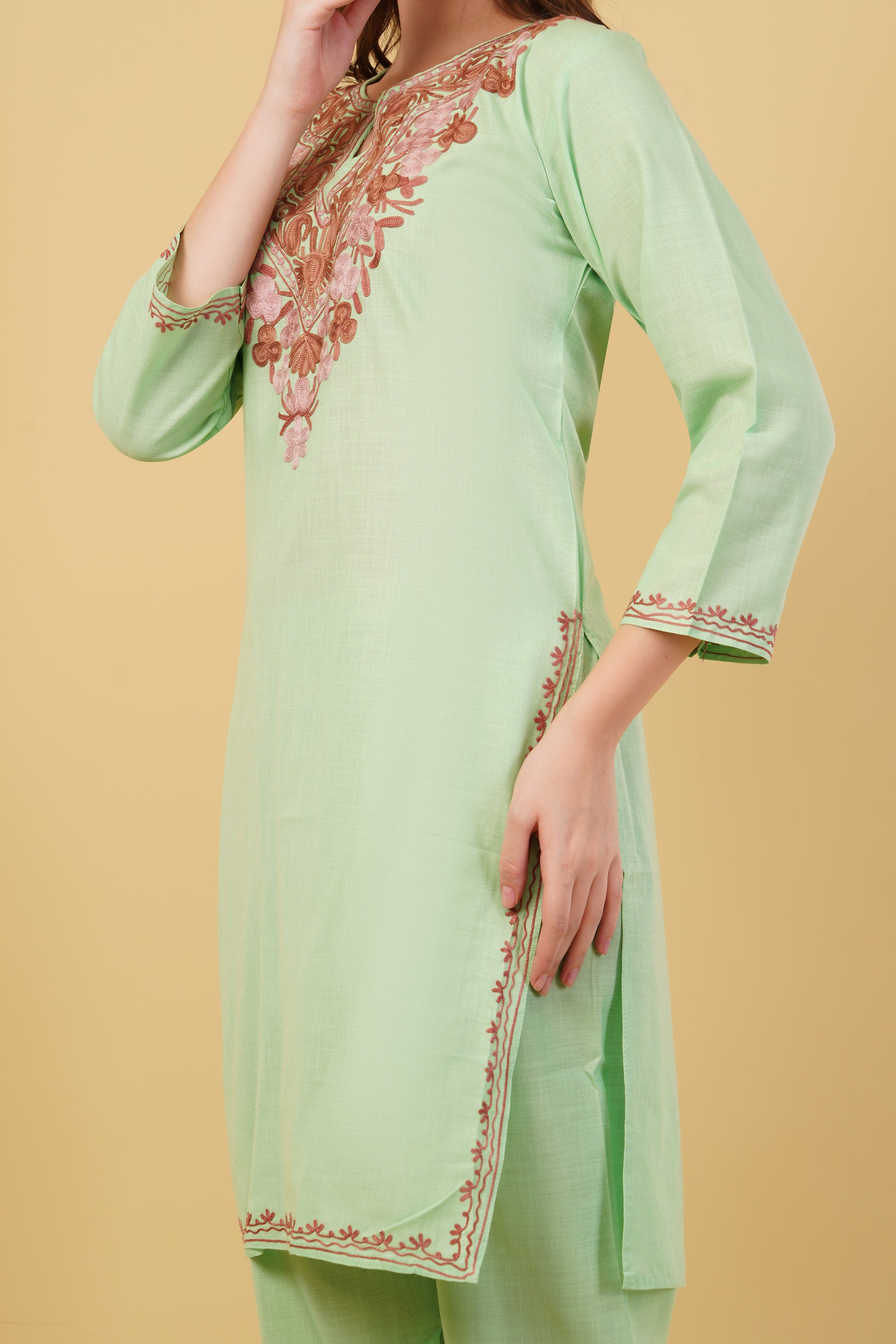 Kashmiri Aari embroidery Cotton Co-ord set Size-40 (Green)