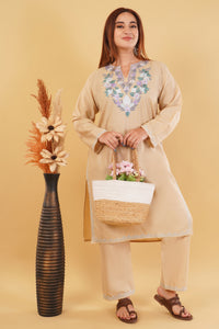 Kashmiri Aari embroidery Cotton Co-ord set Size-44 (Beige)