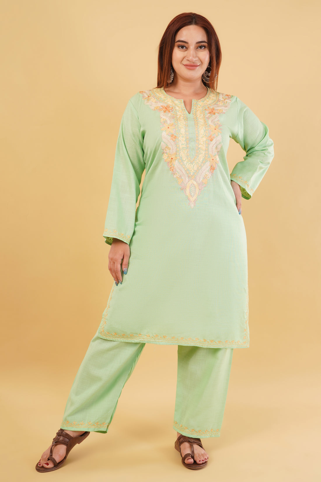 Kashmiri Aari embroidery Cotton Co-ord set Size-44 (Green)