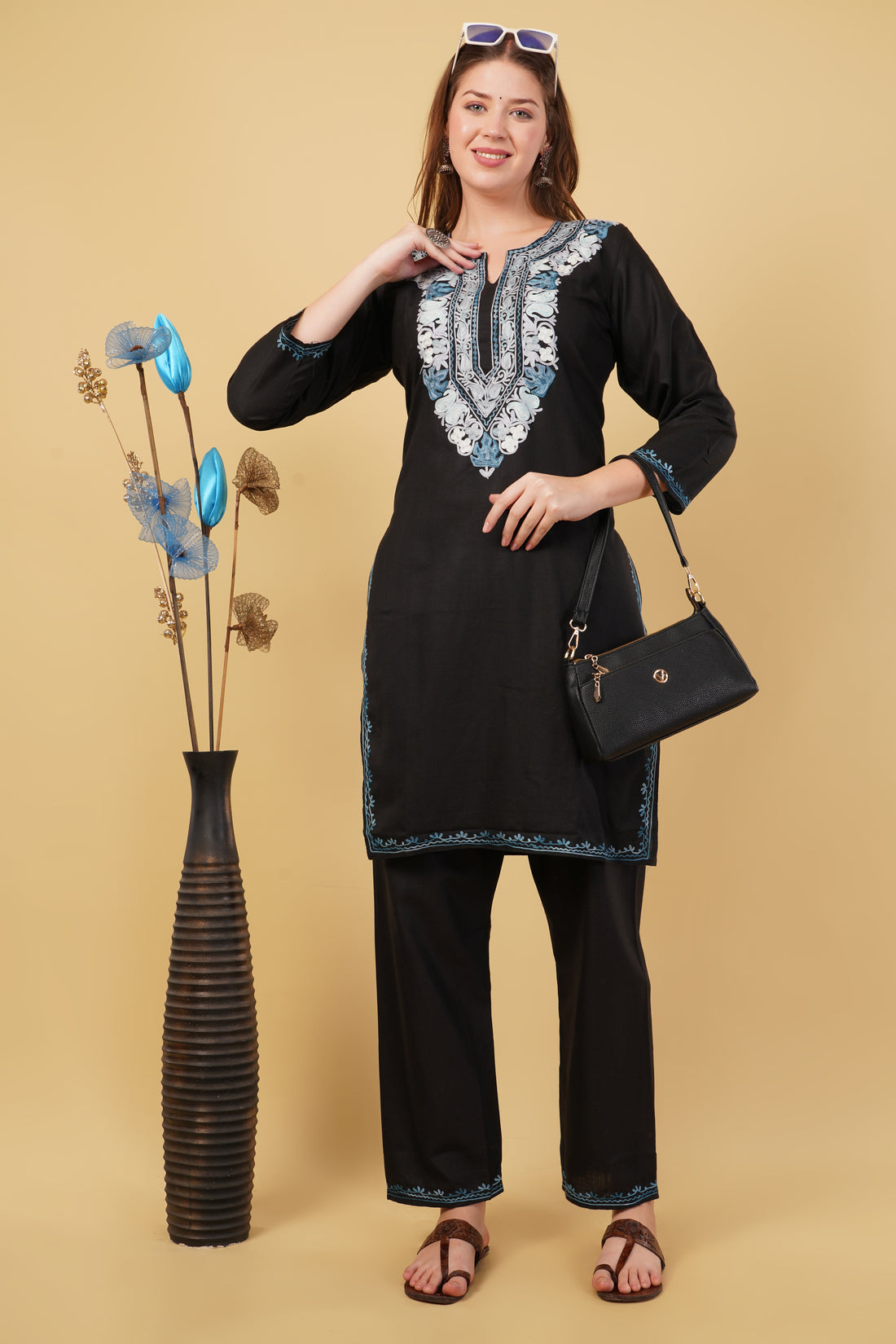 Kashmiri Aari embroidery Cotton Co-ord set Size-40 (Black)