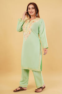 Kashmiri Aari embroidery Cotton Co-ord set Size-44 (Green)
