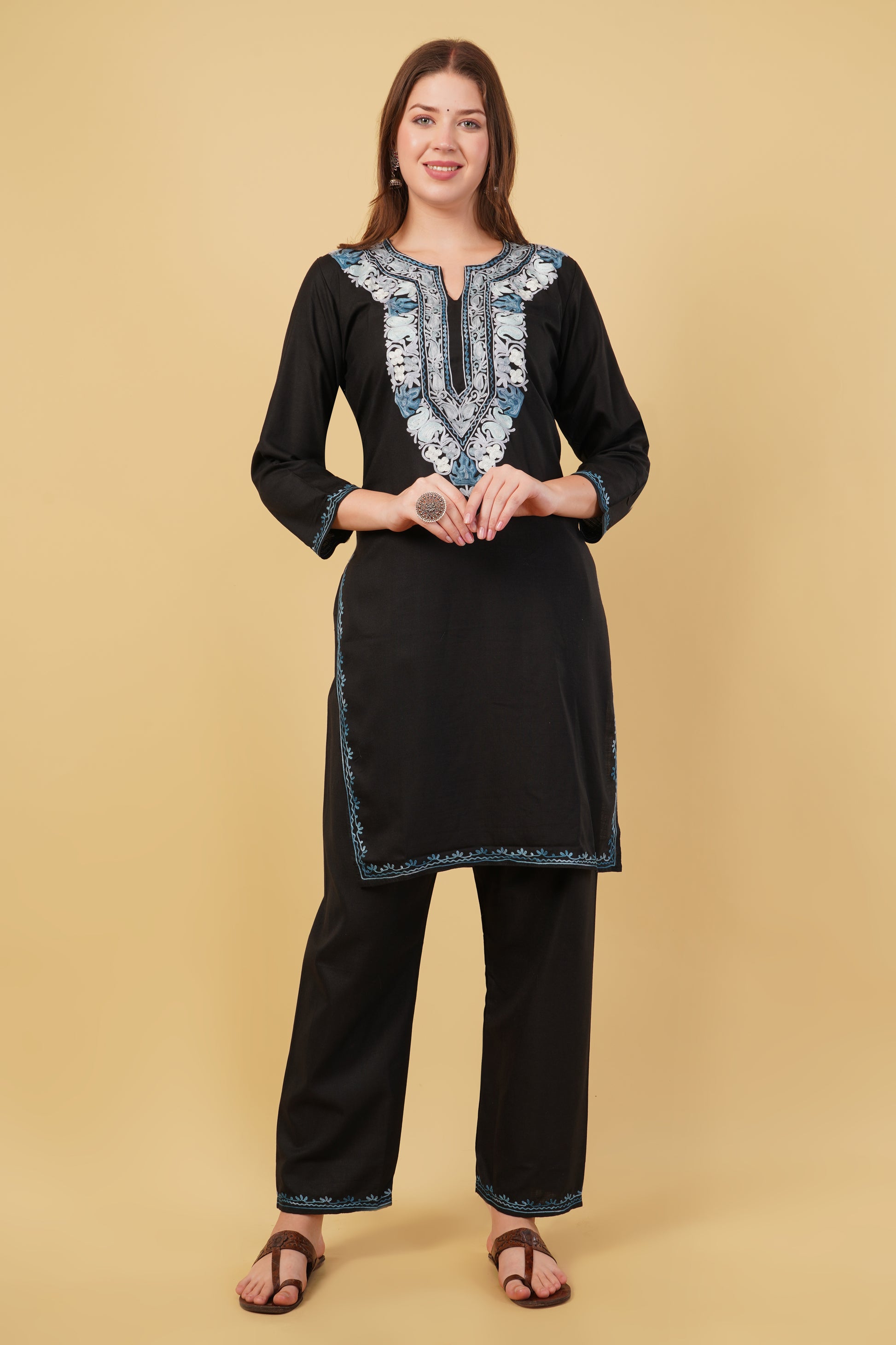 Kashmiri Aari embroidery Cotton Co-ord set Size-40 (Black)