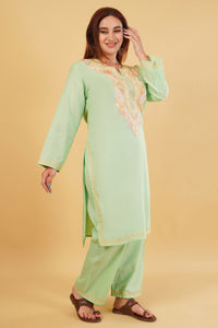 Kashmiri Aari embroidery Cotton Co-ord set Size-44 (Green)