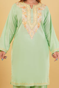 Kashmiri Aari embroidery Cotton Co-ord set Size-44 (Green)