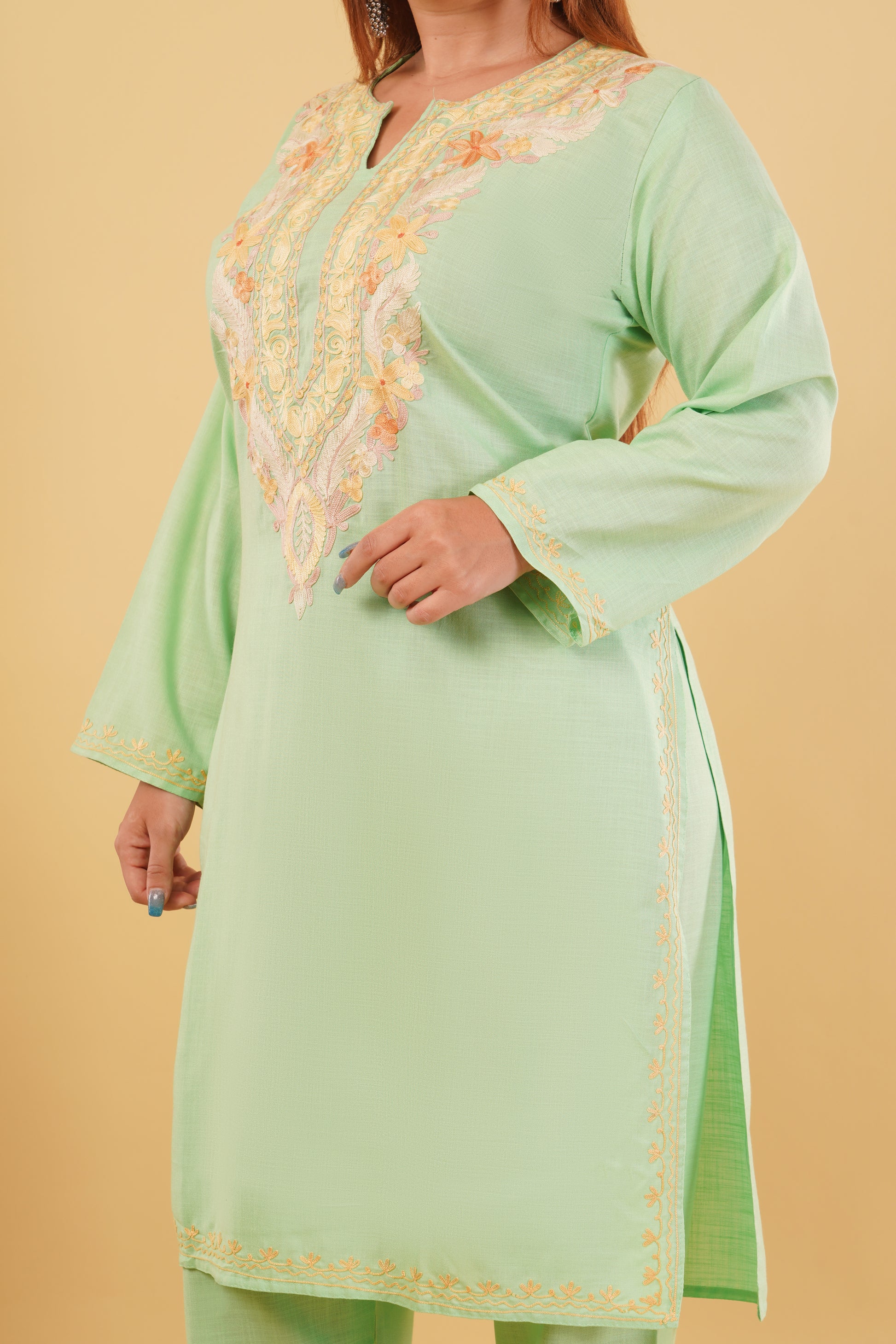 Kashmiri Aari embroidery Cotton Co-ord set Size-44 (Green)