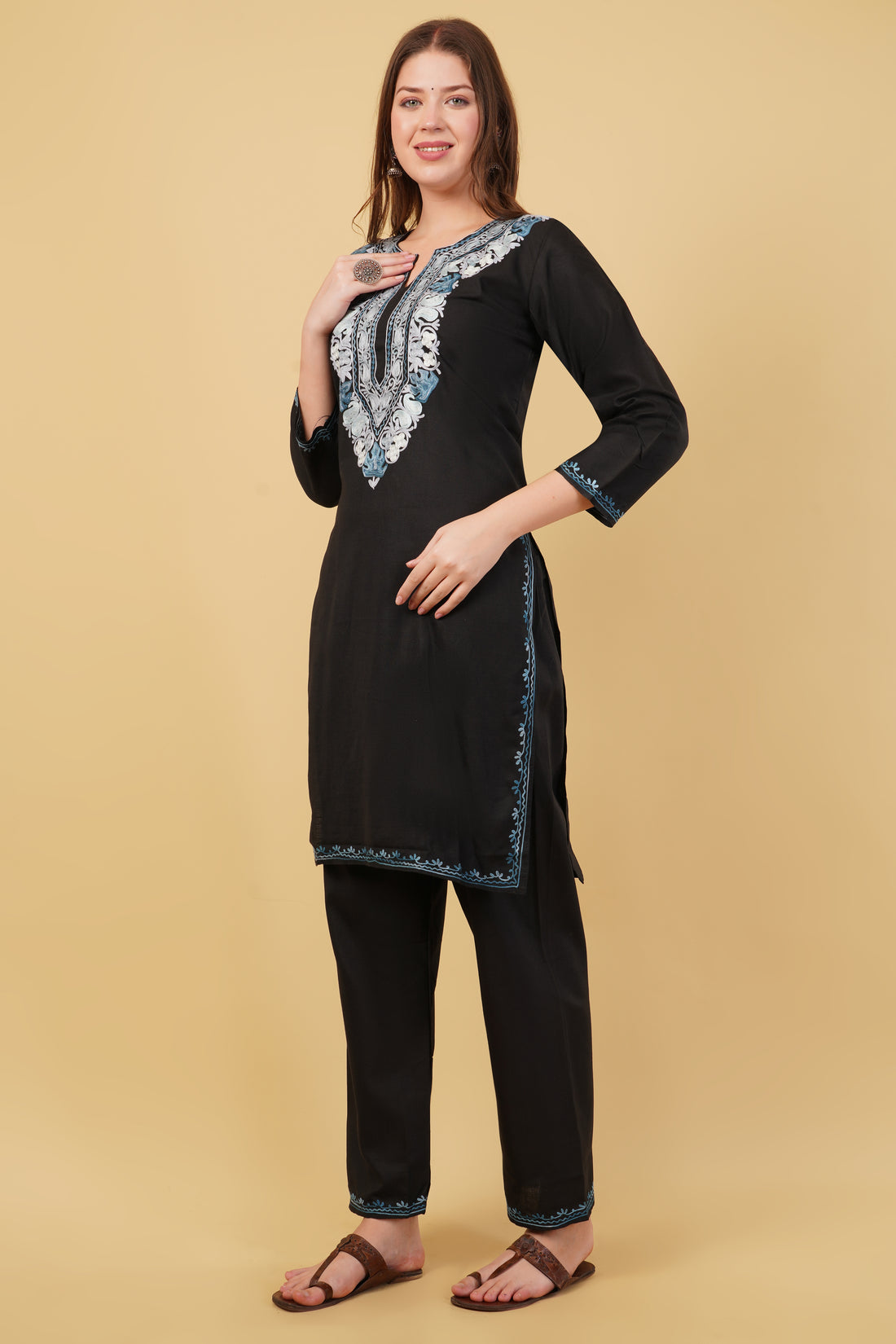 Kashmiri Aari embroidery Cotton Co-ord set Size-40 (Black)
