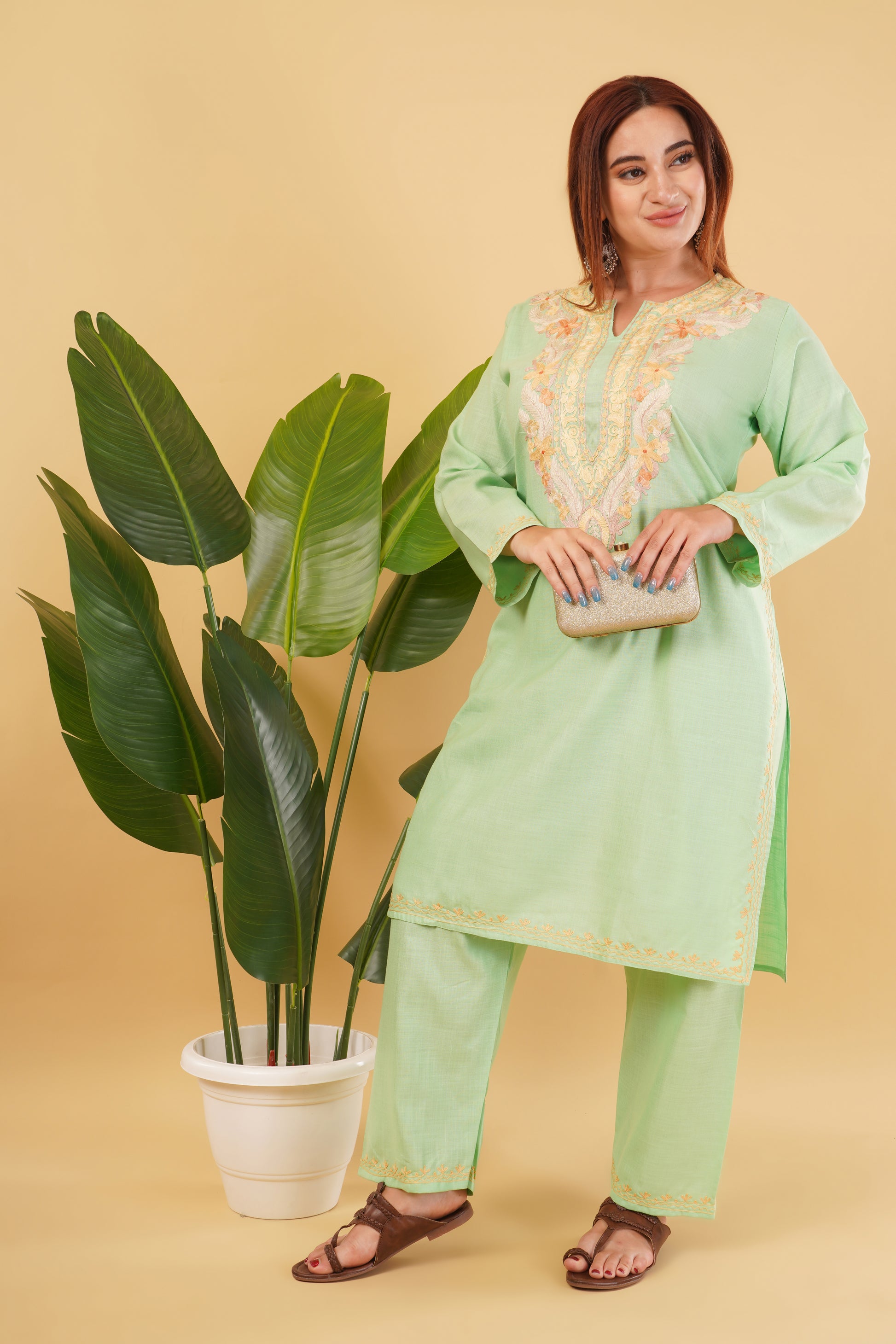 Kashmiri Aari embroidery Cotton Co-ord set Size-44 (Green)