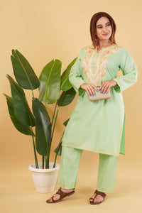Kashmiri Aari embroidery Cotton Co-ord set Size-44 (Green)