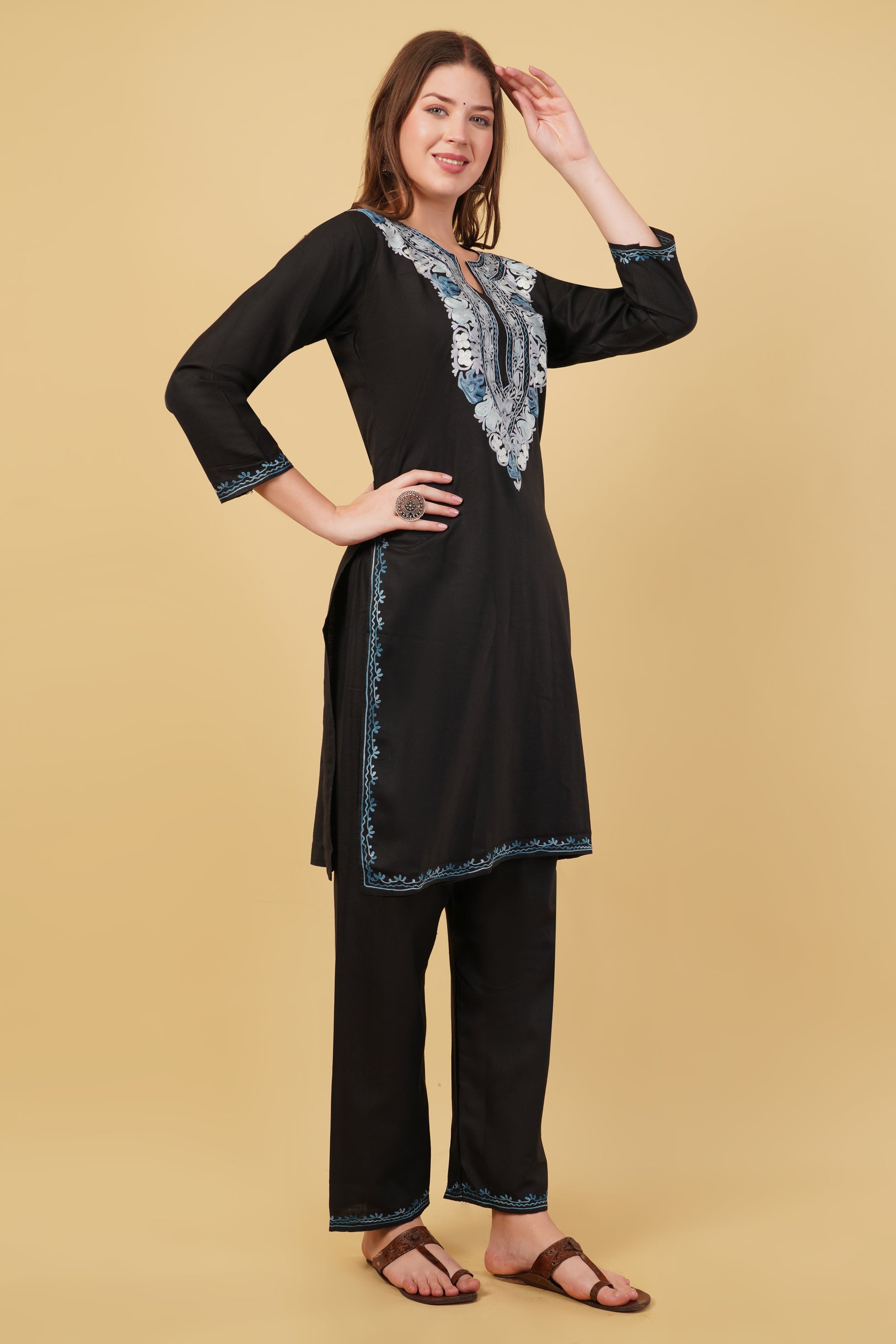 Kashmiri Aari embroidery Cotton Co-ord set Size-40 (Black)