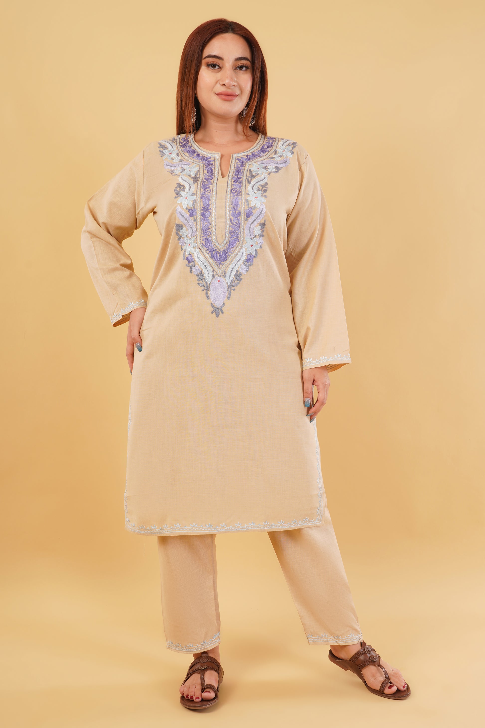 Kashmiri Aari embroidery Cotton Co-ord set Size-44 (Beige)