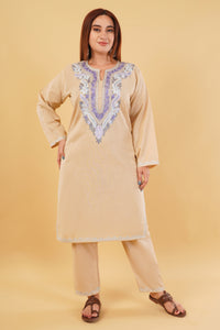 Kashmiri Aari embroidery Cotton Co-ord set Size-44 (Beige)