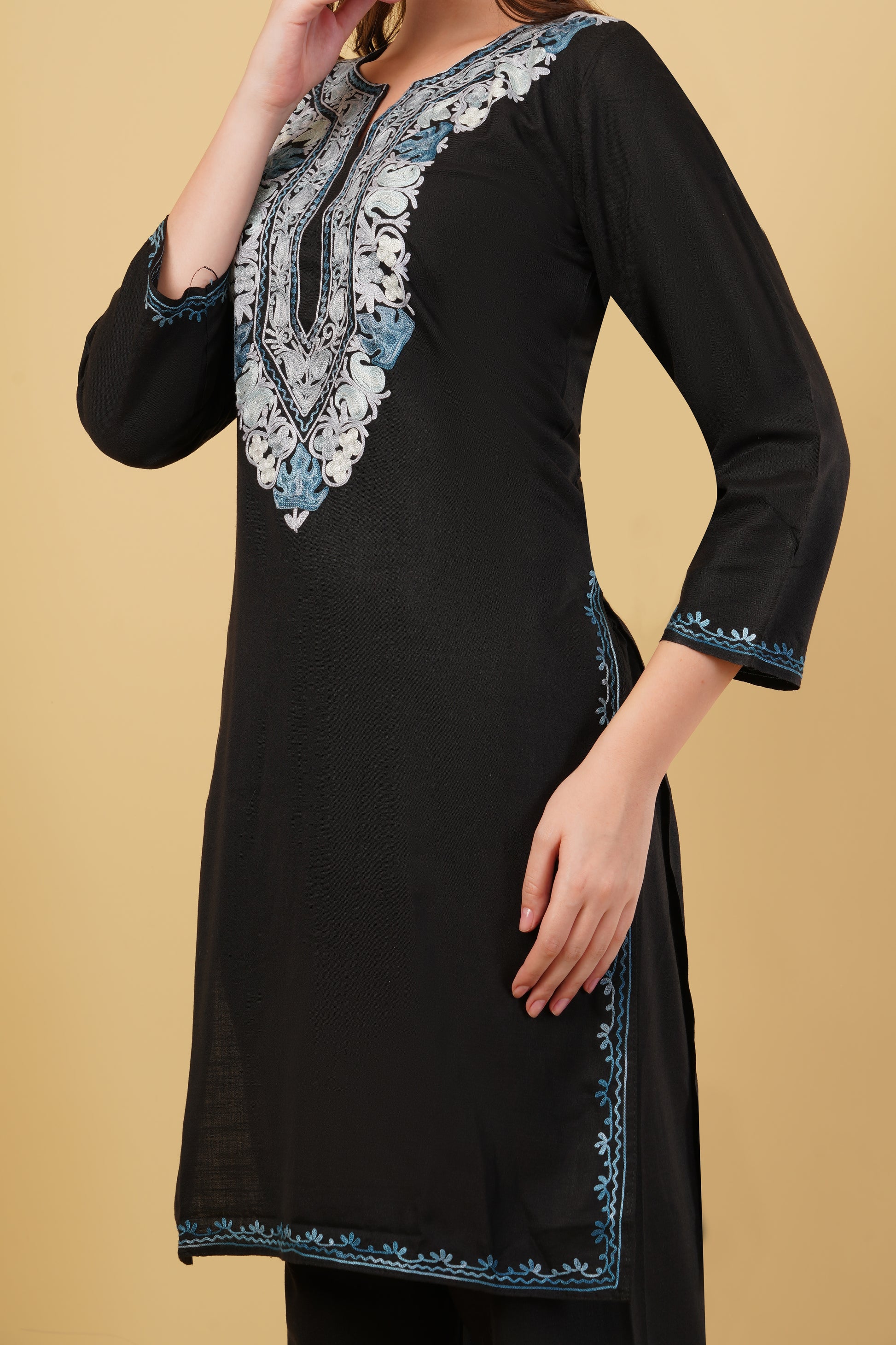 Kashmiri Aari embroidery Cotton Co-ord set Size-40 (Black)
