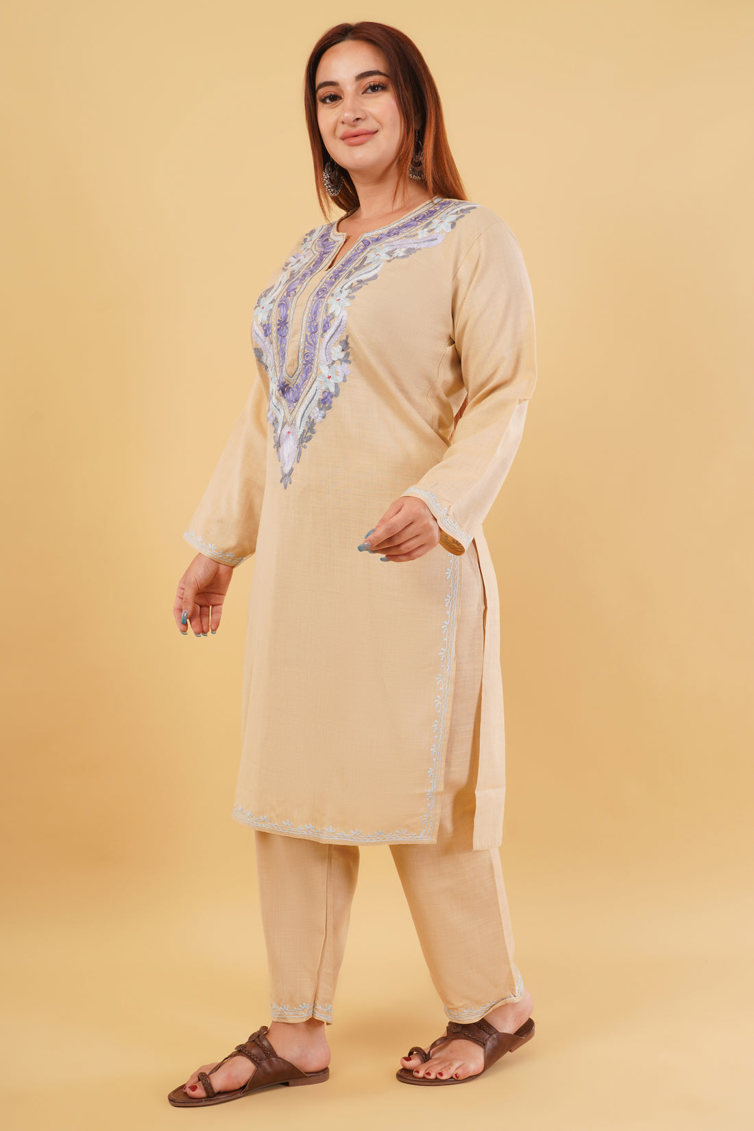 Kashmiri Aari embroidery Cotton Co-ord set Size-44 (Beige)