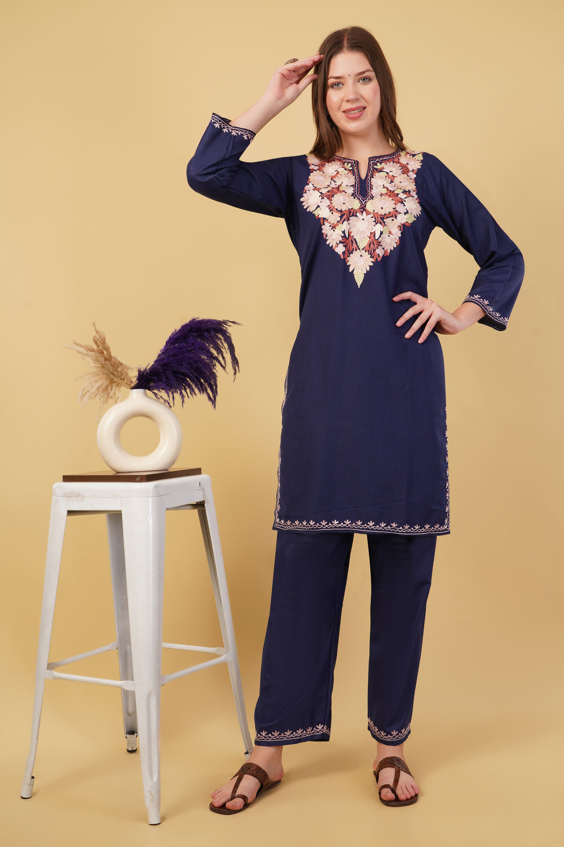 Kashmiri Aari embroidery Cotton Co-ord set Size-40(Navy Blue)