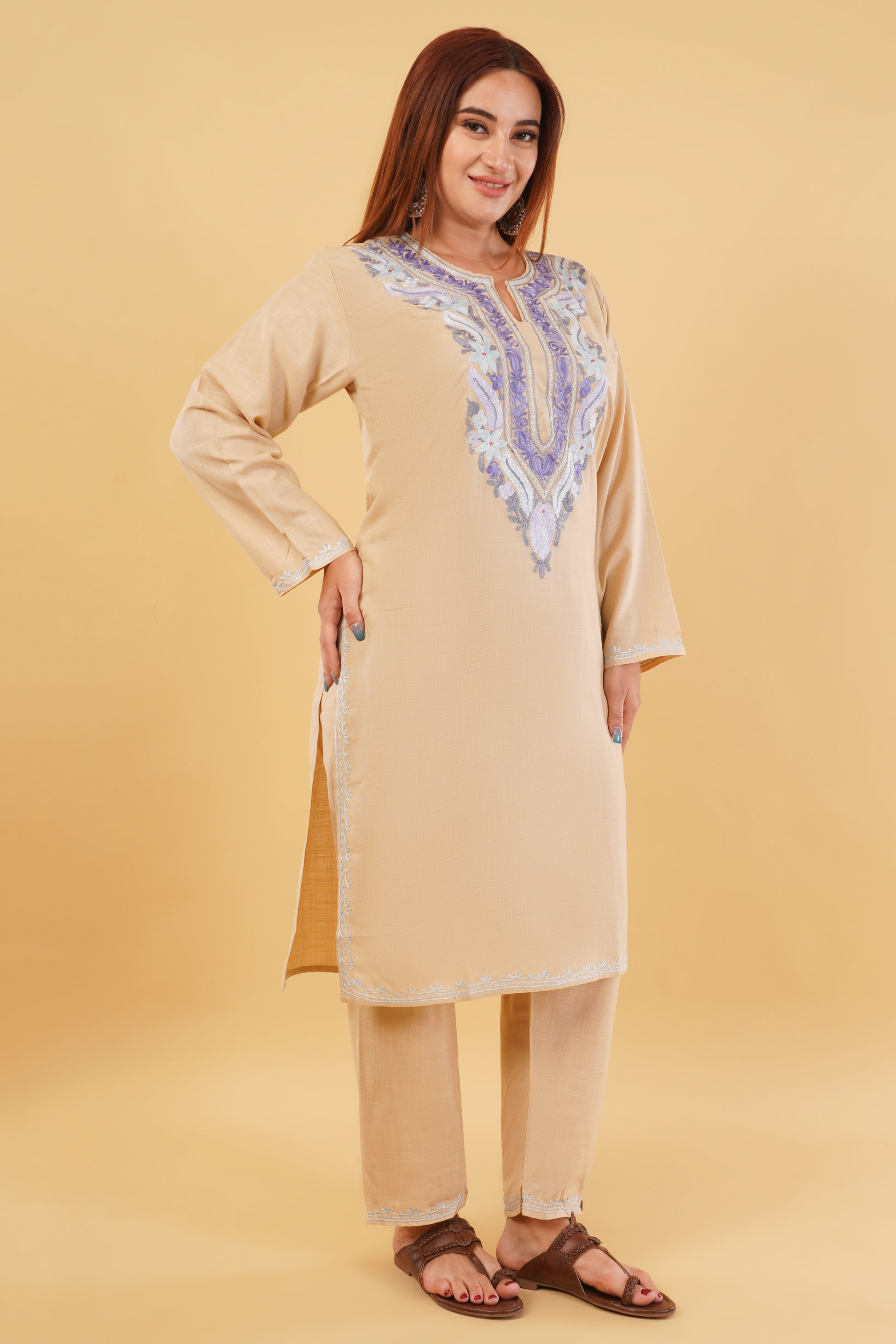 Kashmiri Aari embroidery Cotton Co-ord set Size-44 (Beige)