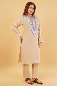 Kashmiri Aari embroidery Cotton Co-ord set Size-44 (Beige)