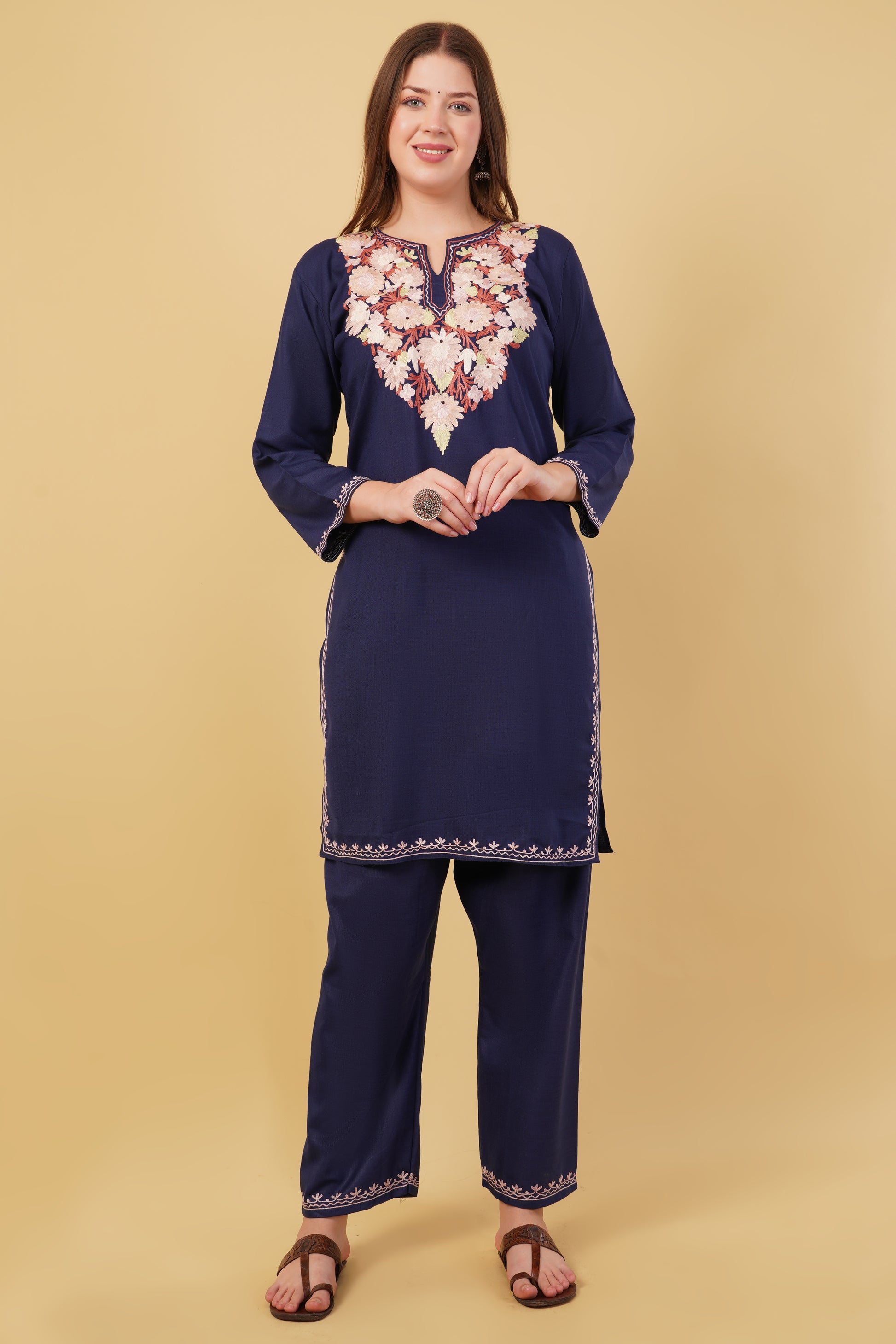 Kashmiri Aari embroidery Cotton Co-ord set Size-40(Navy Blue)