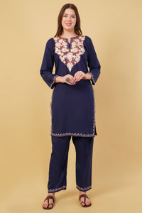 Kashmiri Aari embroidery Cotton Co-ord set Size-40(Navy Blue)