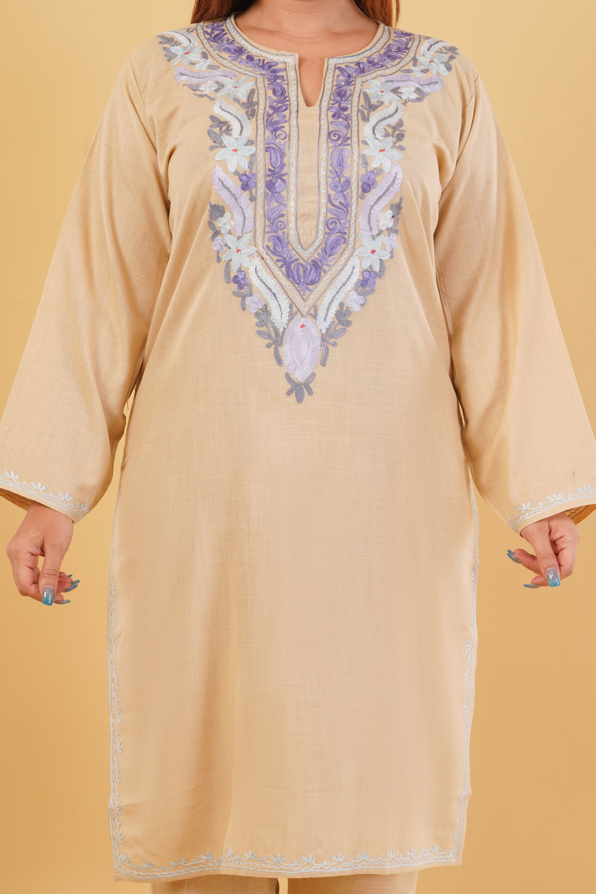 Kashmiri Aari embroidery Cotton Co-ord set Size-44 (Beige)