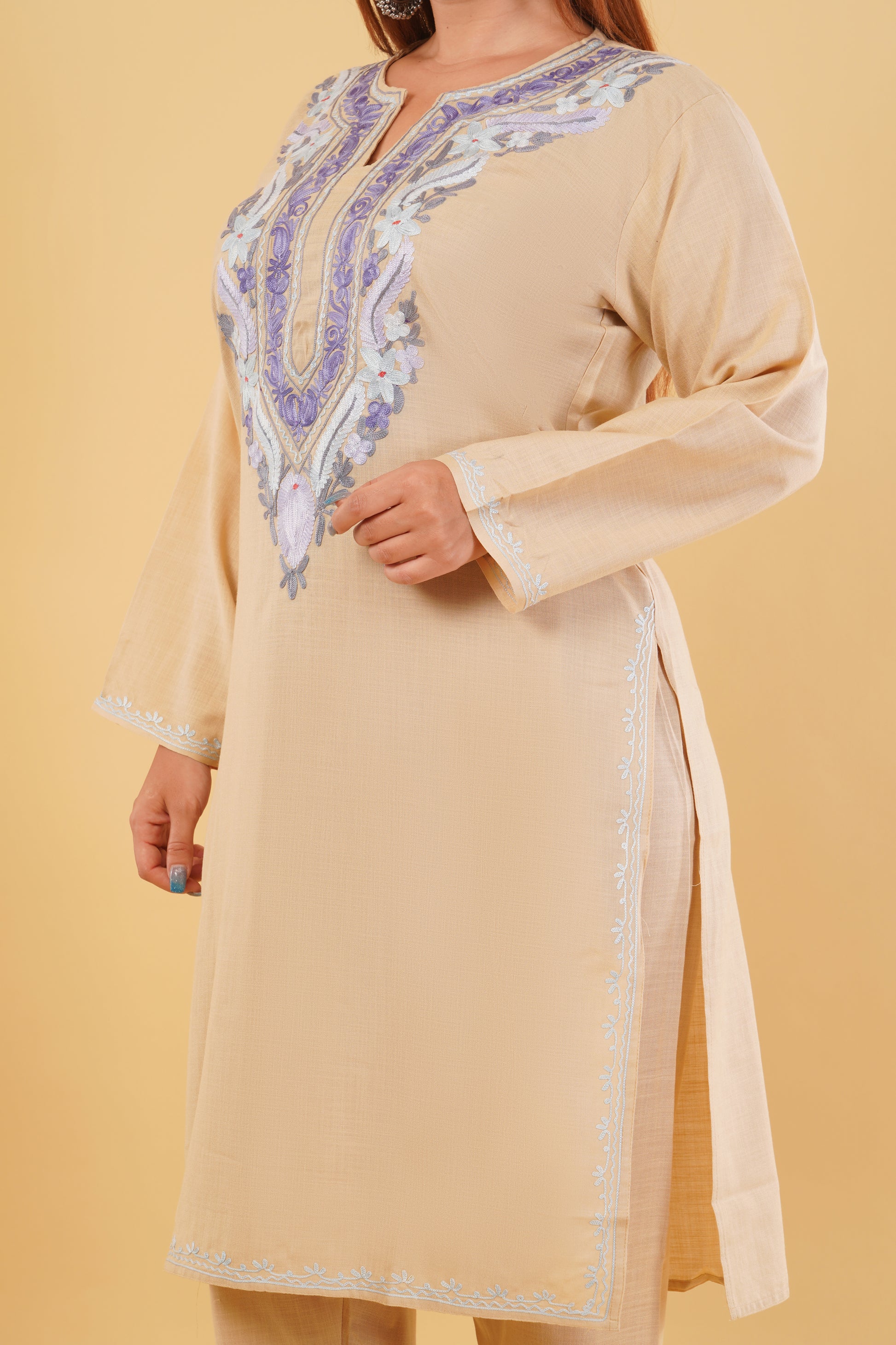 Kashmiri Aari embroidery Cotton Co-ord set Size-44 (Beige)
